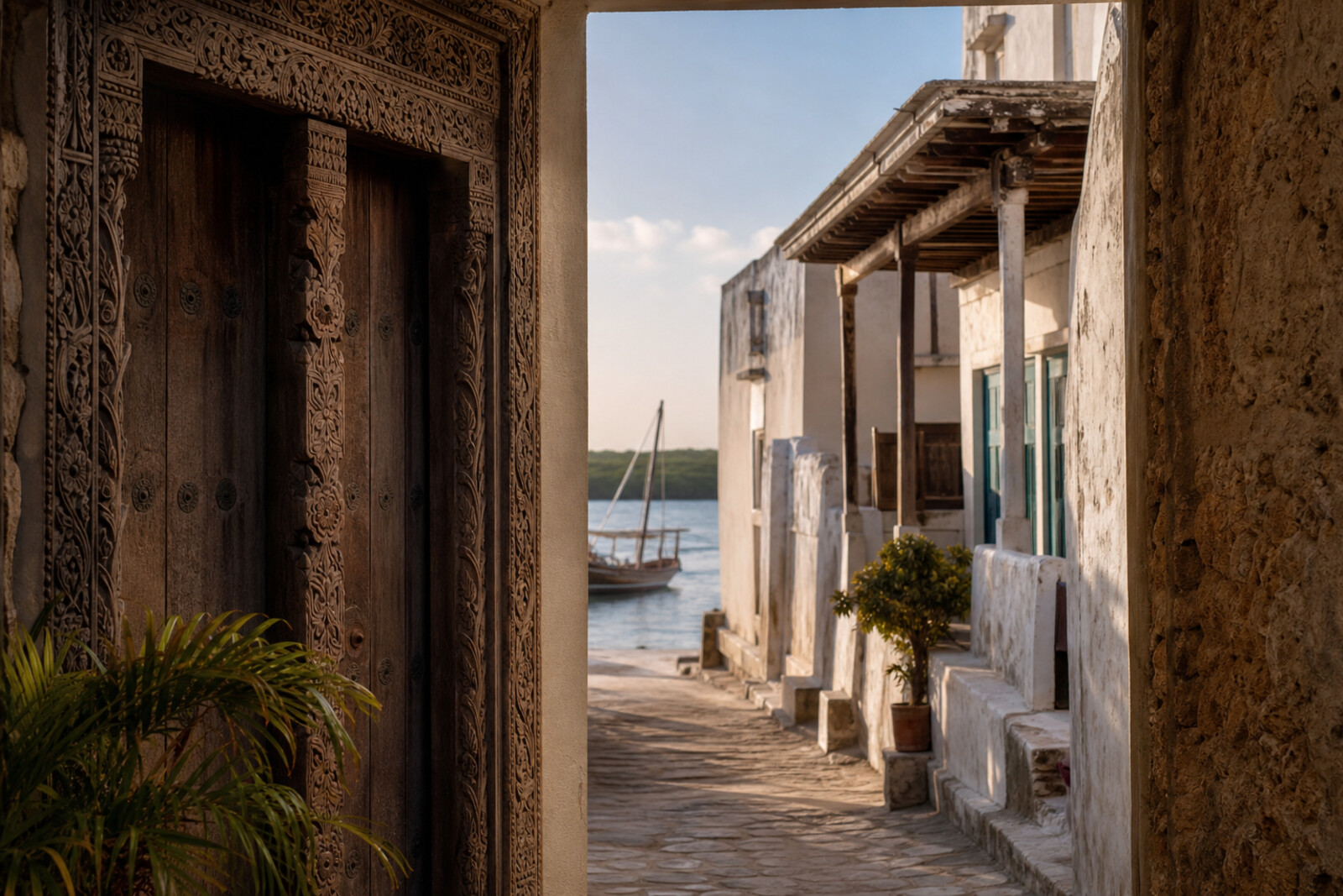 A carved door in a coral alley of Lamu, opening toward the waterfront and dhows.