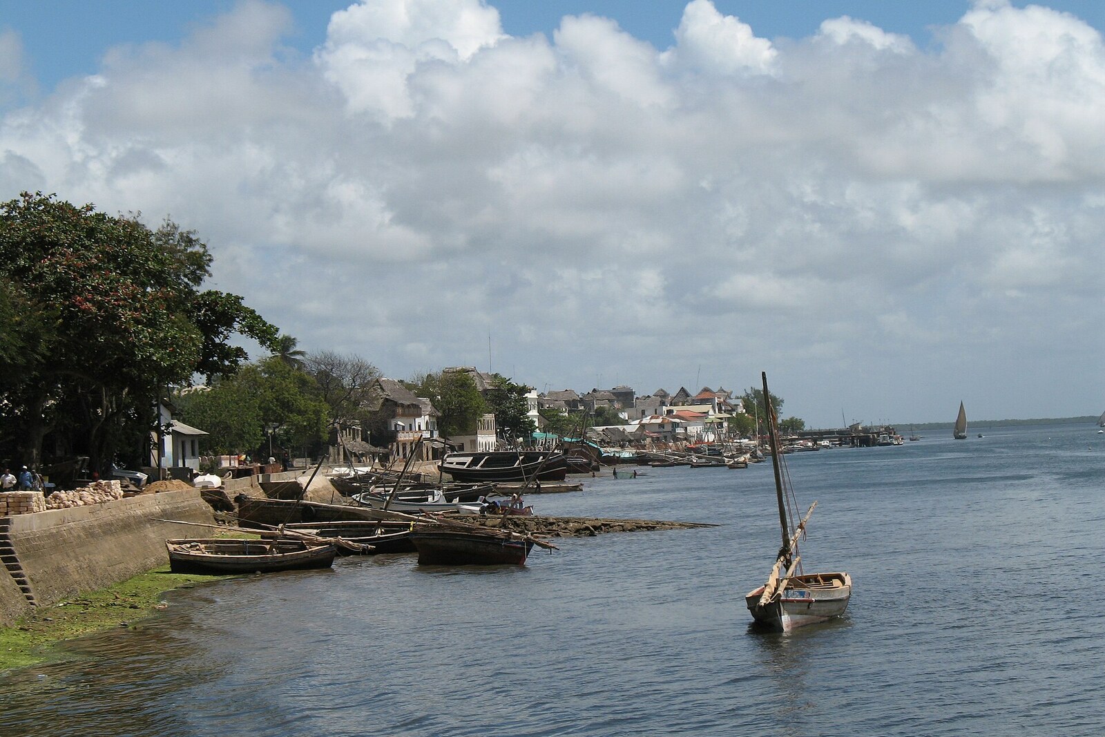 Lamu waterfront with wooden boats and stone facades.