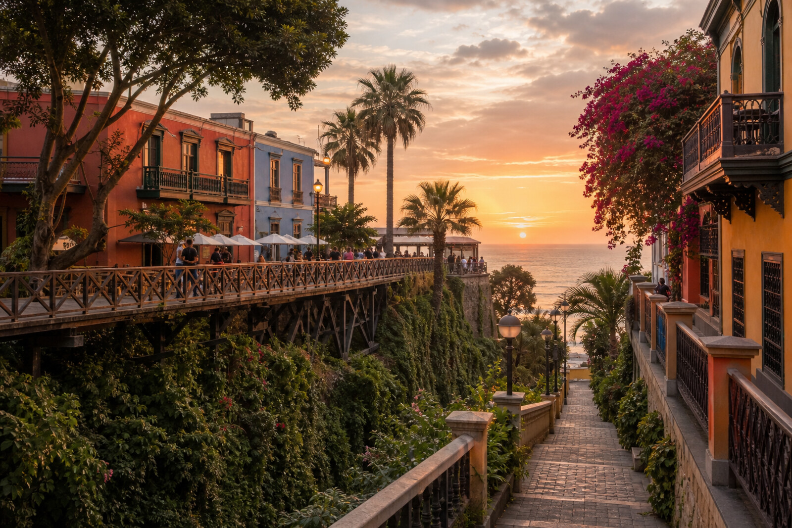 A symbolic view of Barranco, with a wooden bridge above a ravine, colorful houses, and the ocean on the horizon