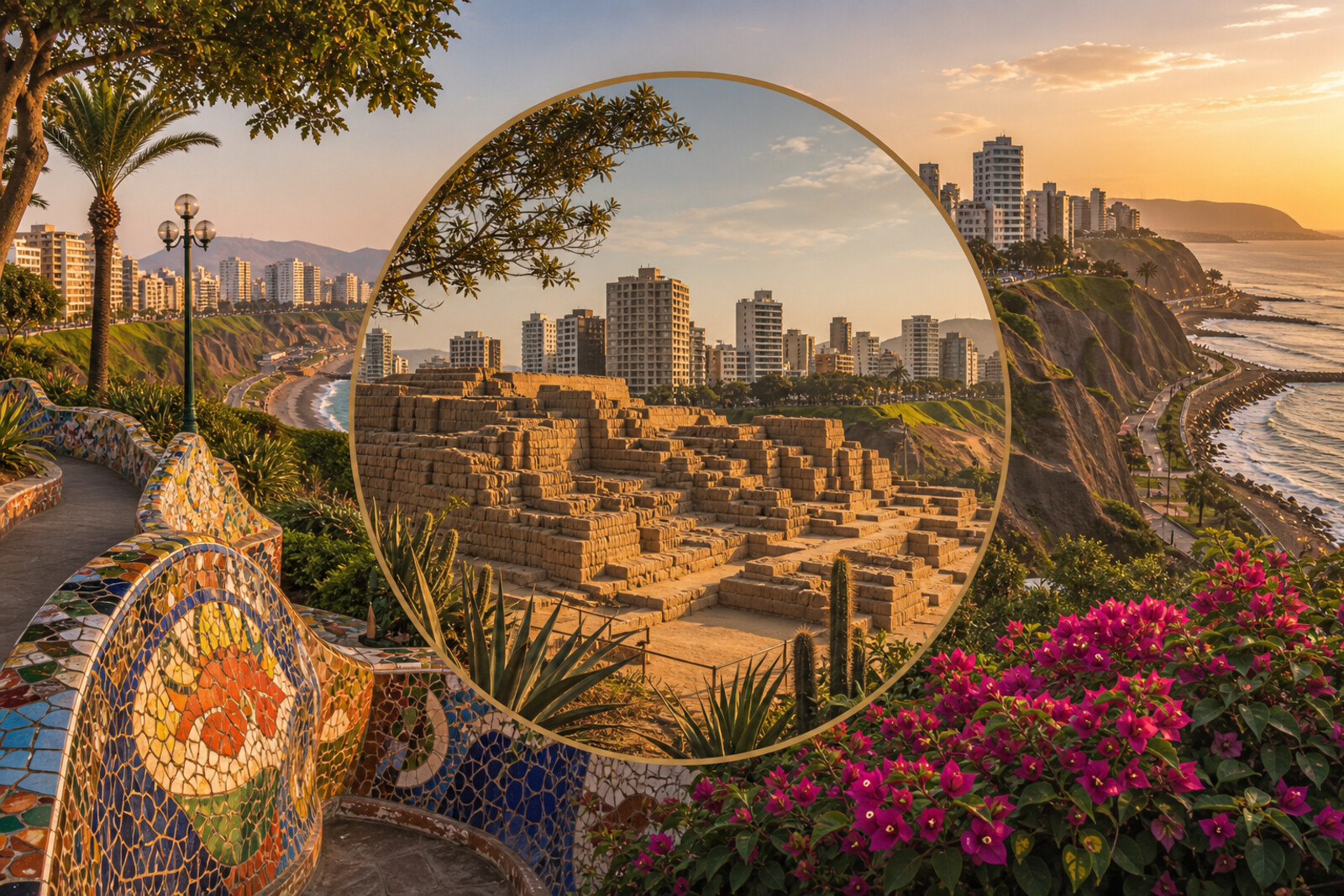 Illustration of Miraflores: an ancient pyramid and modern cliffs with parks above the ocean at sunset