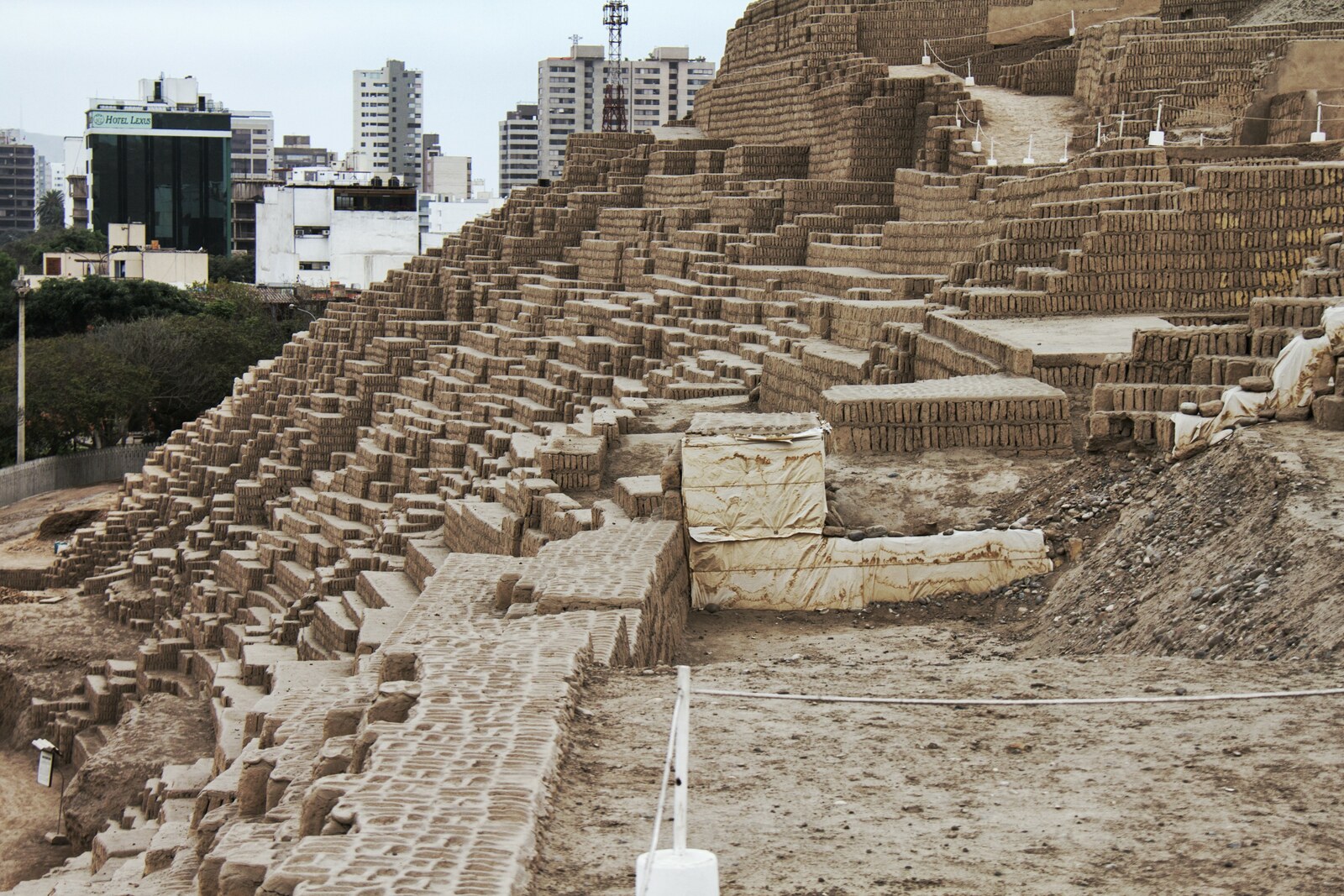 The Huaca Pucllana pyramid rises above the neighborhoods of Miraflores