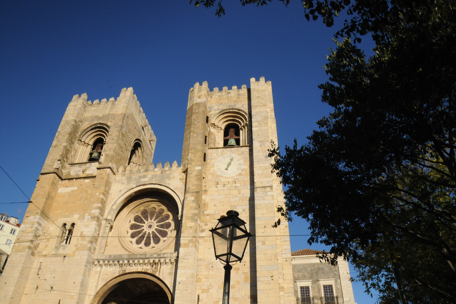 The fortress-like façade of Lisbon Cathedral with two towers