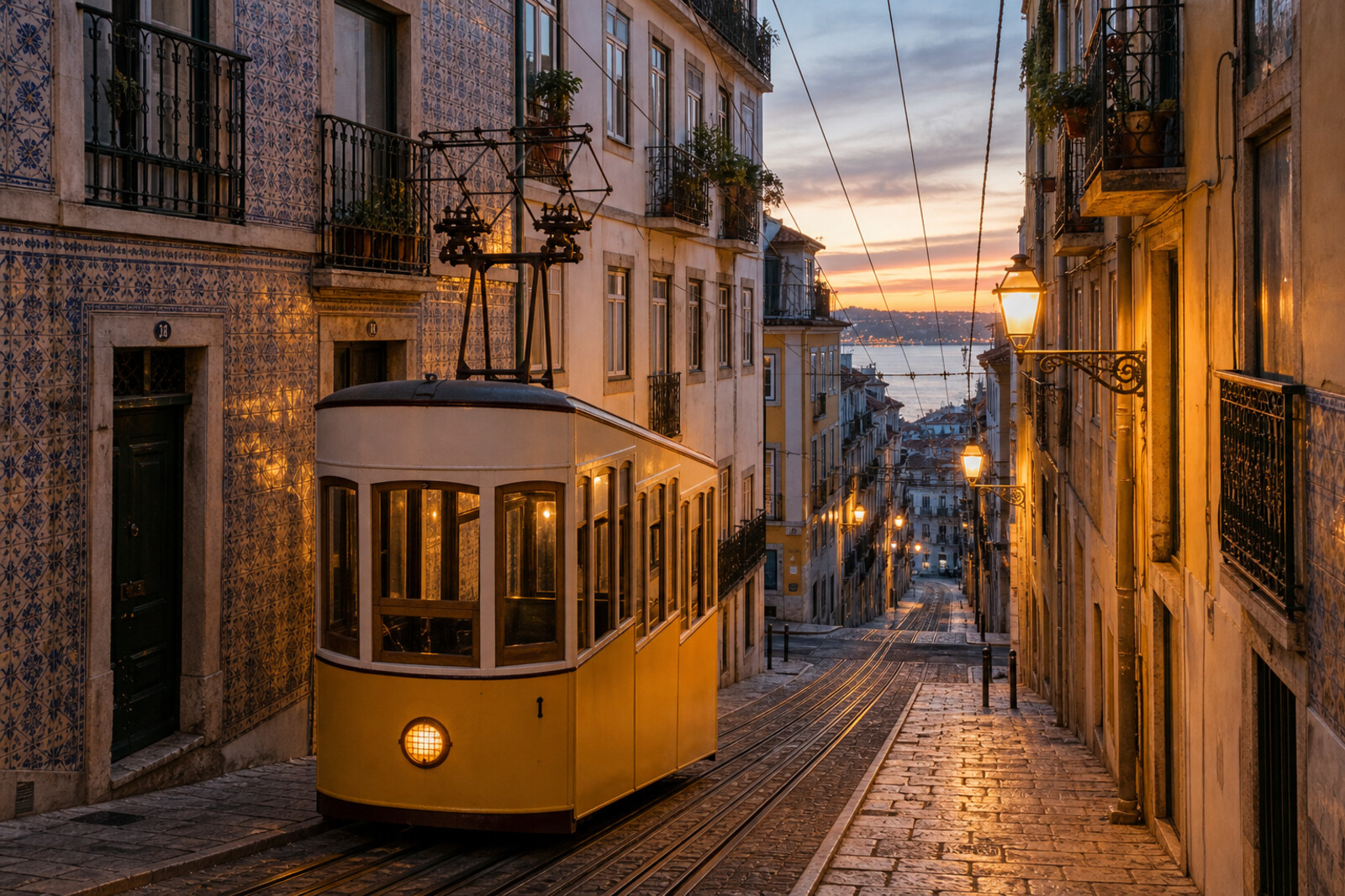 Illustrative image: the yellow Bica Funicular climbs a narrow street, with a sunset sky and warm-toned houses behind it.