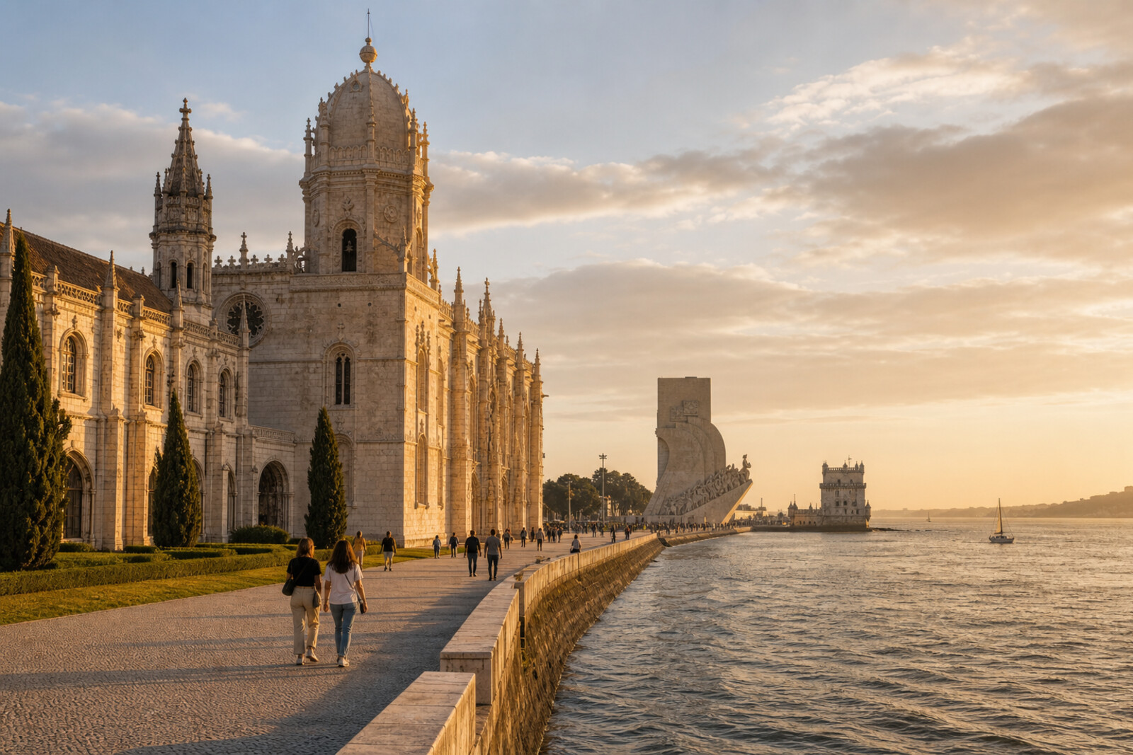 Evening view of Jerónimos Monastery, the Tagus and Belém Tower in golden light