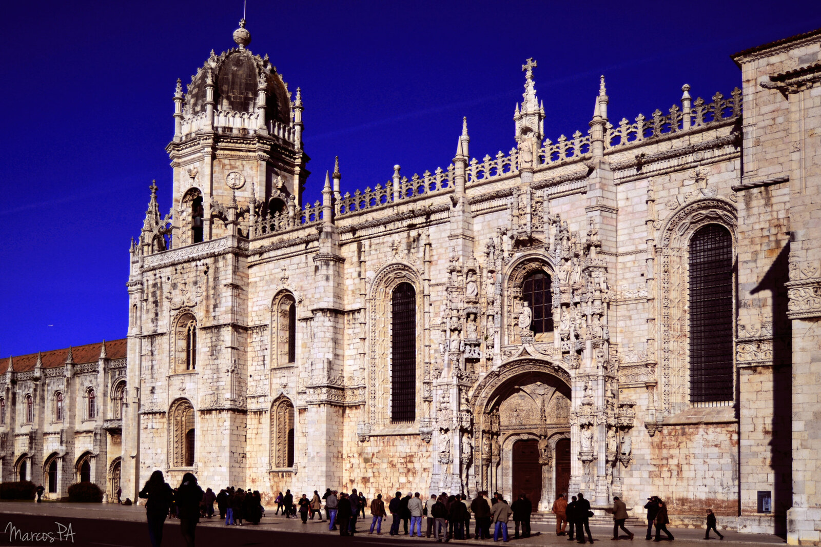 The south façade of Jerónimos Monastery with Manueline arches and decorative elements