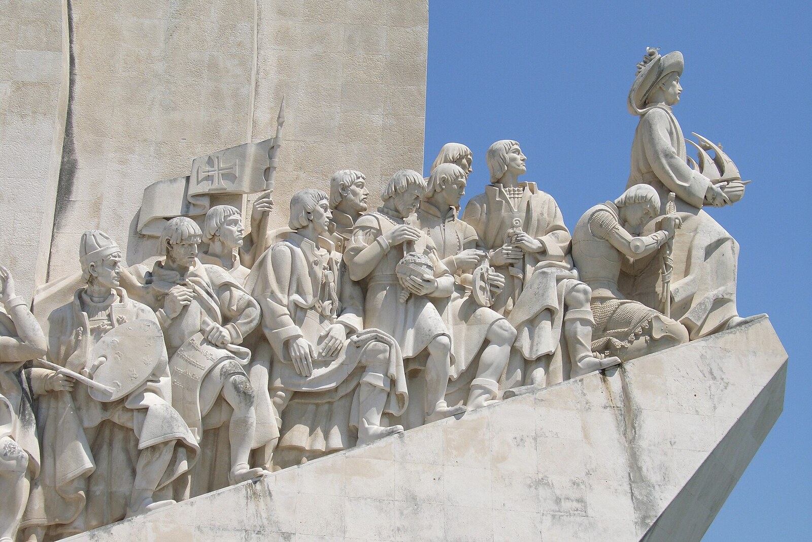 The Monument to the Discoveries with figures of navigators and the sword of the Order of Aviz