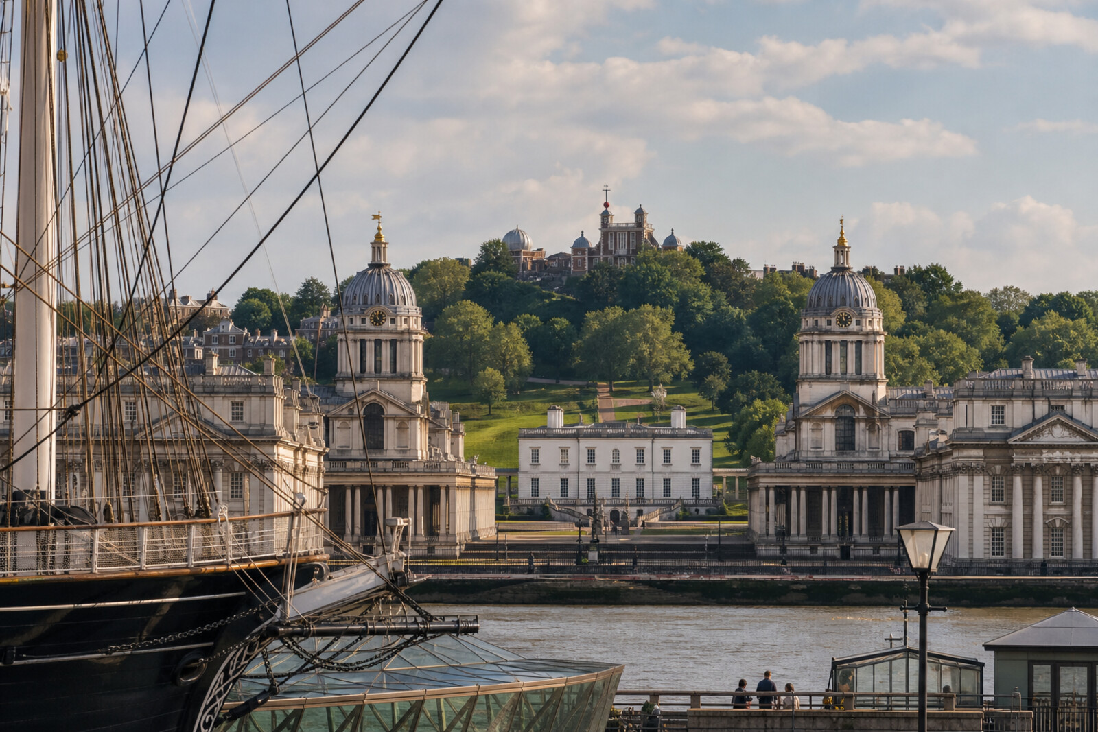 A stylized clipper and the domes of Greenwich against a river and meridian backdrop, rendered in an artistic style
