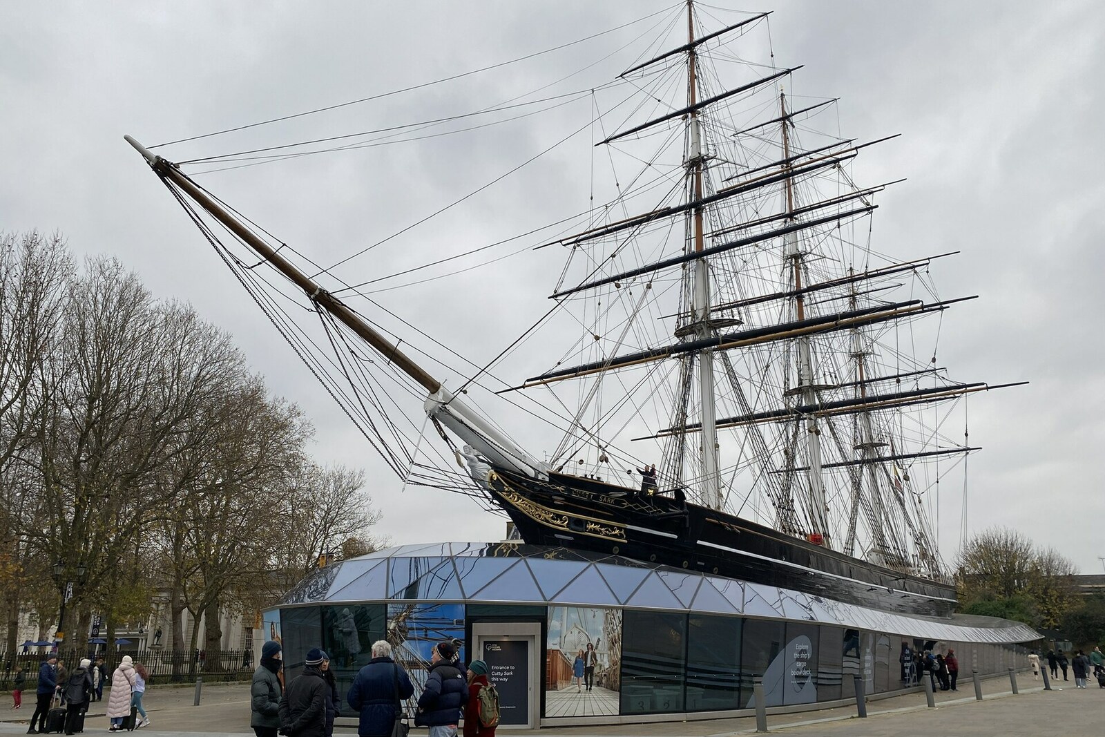 The Cutty Sark stands in a dry dock in Greenwich