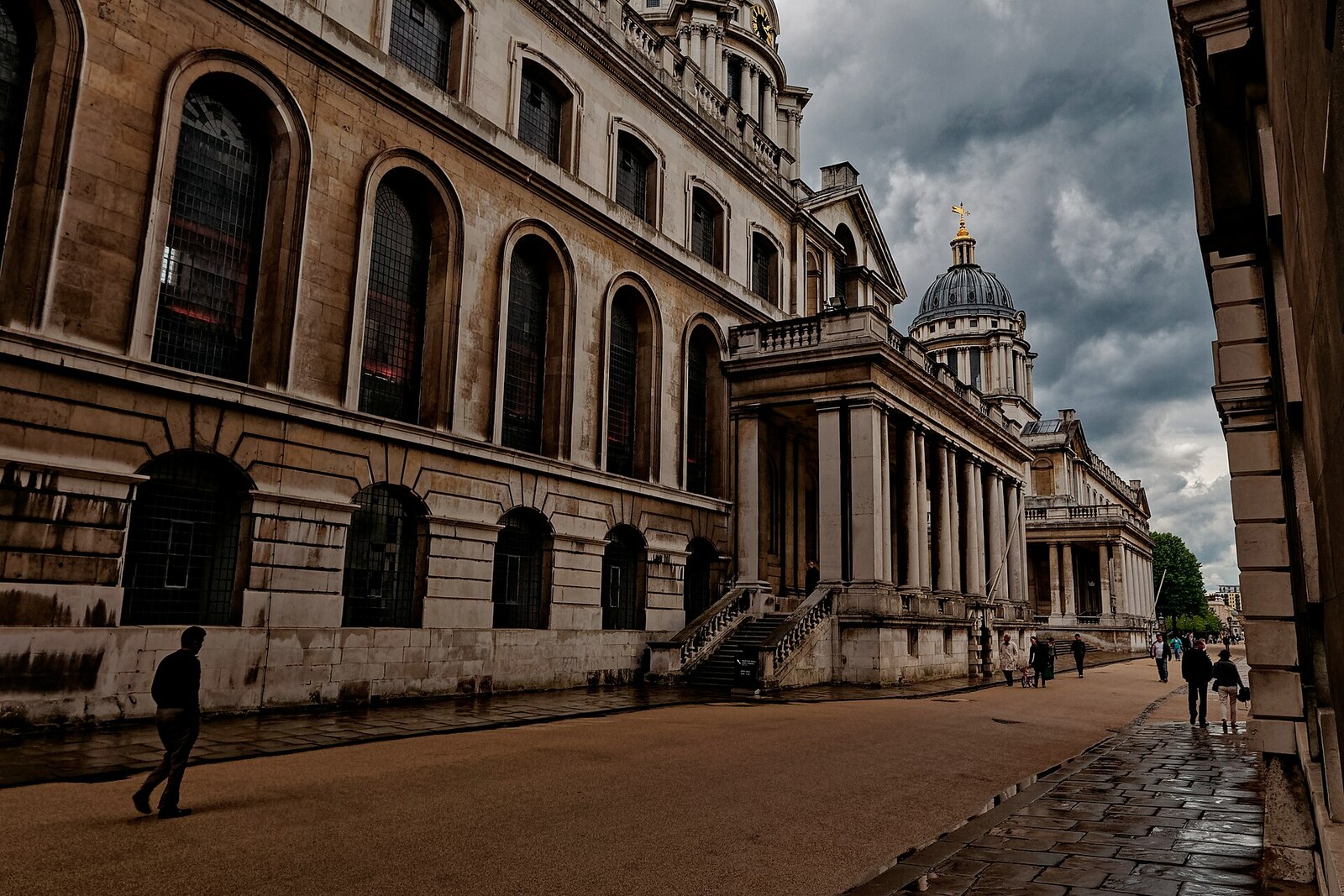 Classical white buildings and domes of the Old Royal Naval College in Greenwich