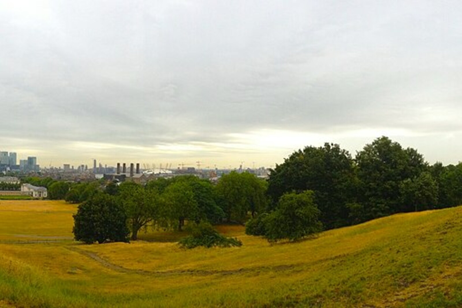 View from Greenwich Park of the park and the Canary Wharf skyline.