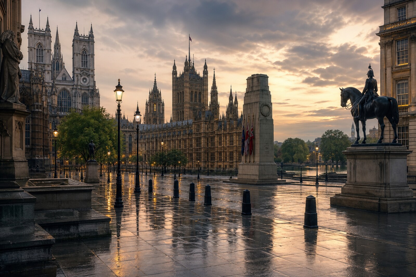 Generated editorial cover for a route through Westminster and Whitehall; not a documentary photograph.