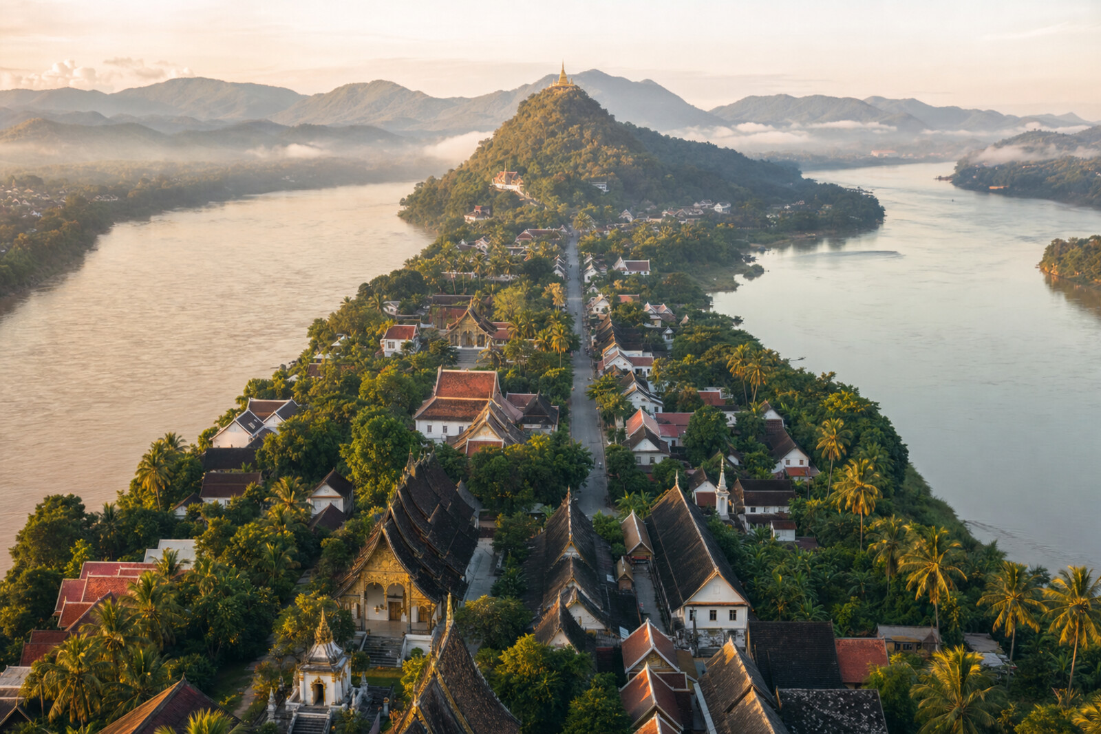 Illustrated peninsula of Luang Prabang between the Mekong and the Nam Khan, with Mount Phousi at its center and temple roofs along the river point.