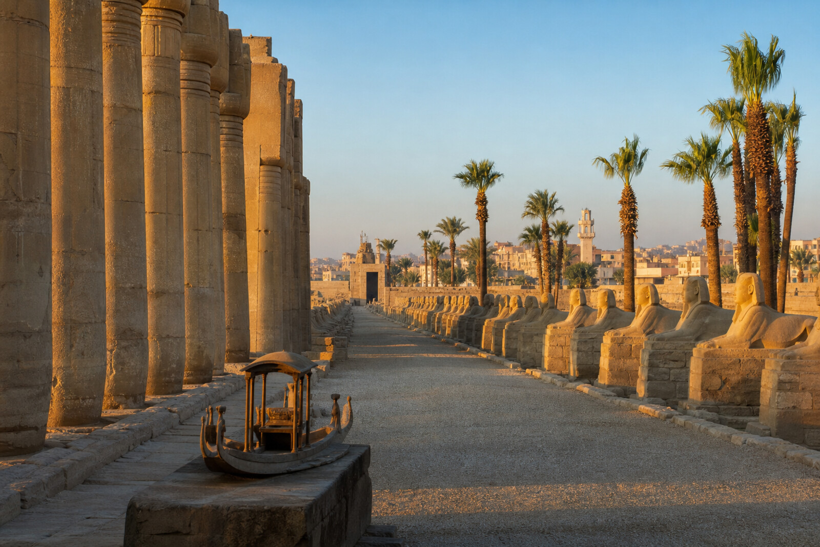 Generated editorial route cover: columns of Karnak, the Avenue of Sphinxes, and the way toward Luxor Temple.