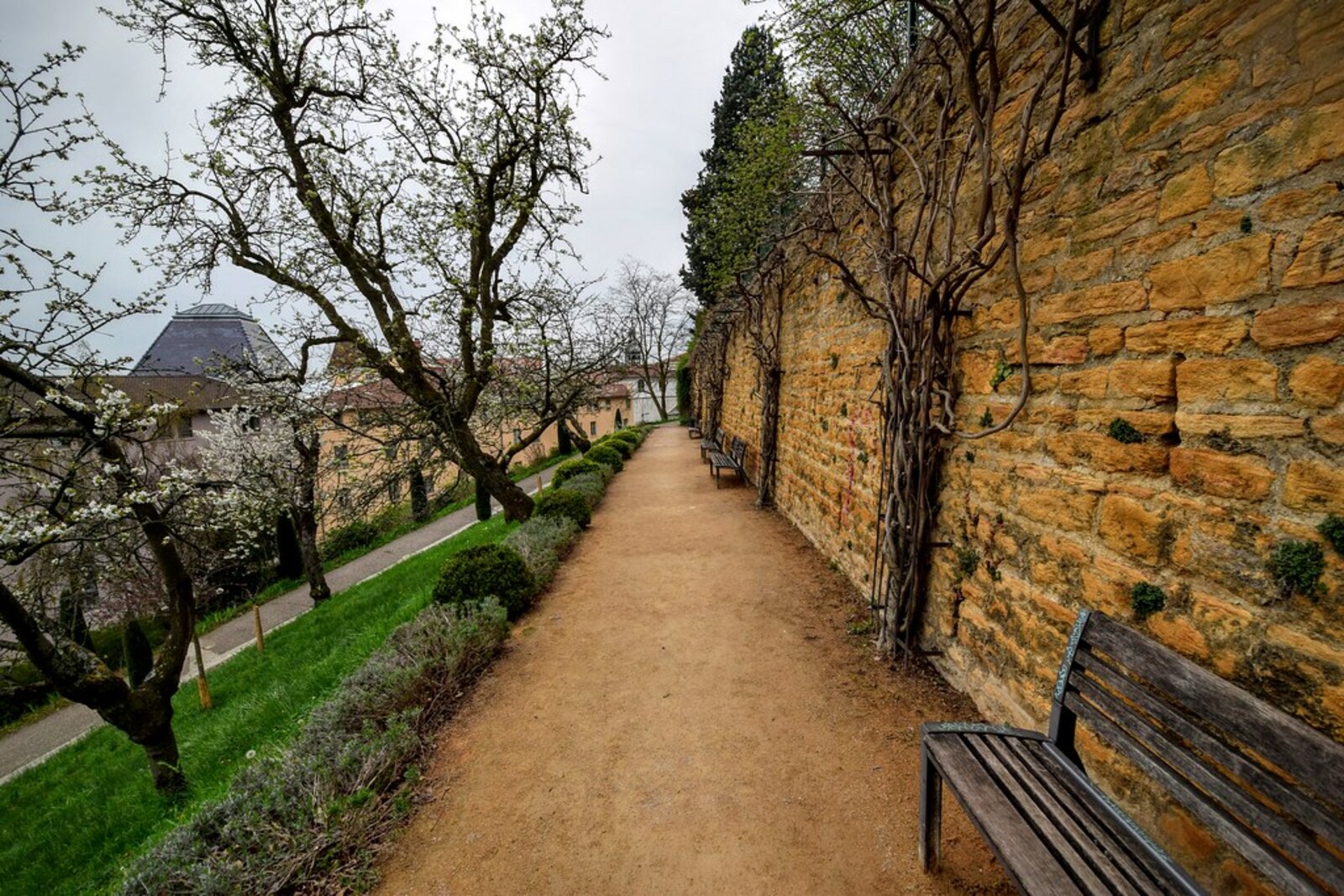 Jardin du Rosaire on the slope of Fourvière, with a path and a stone wall above Vieux Lyon.