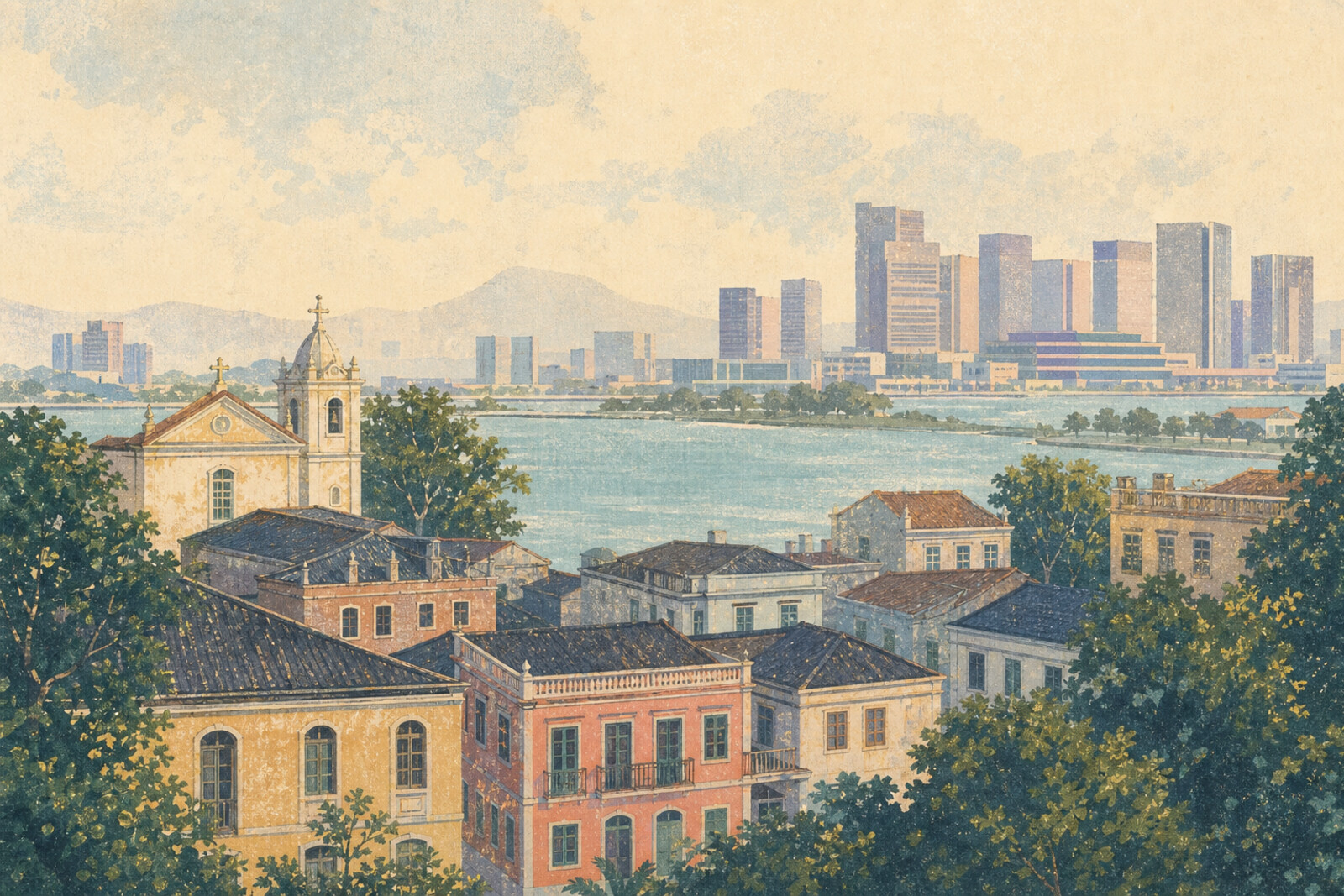 Illustration of Presqu'île with a square, fountains, and historic buildings