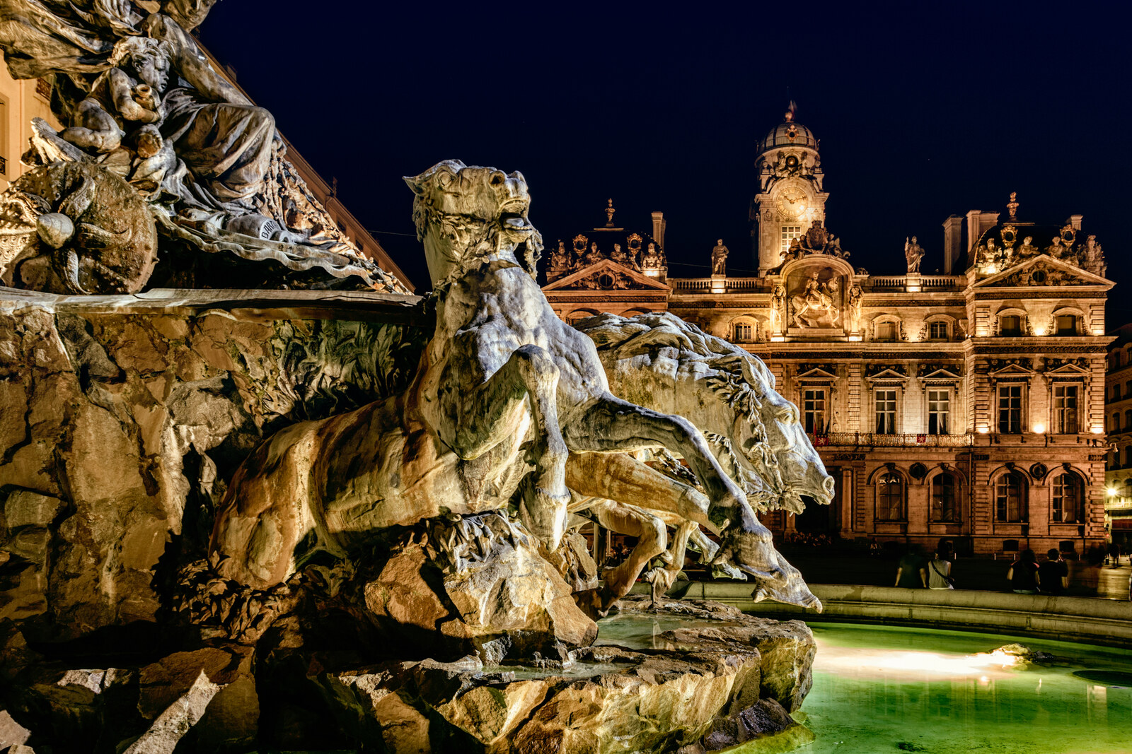 Bartholdi Fountain with four horses on Place des Terreaux in Lyon