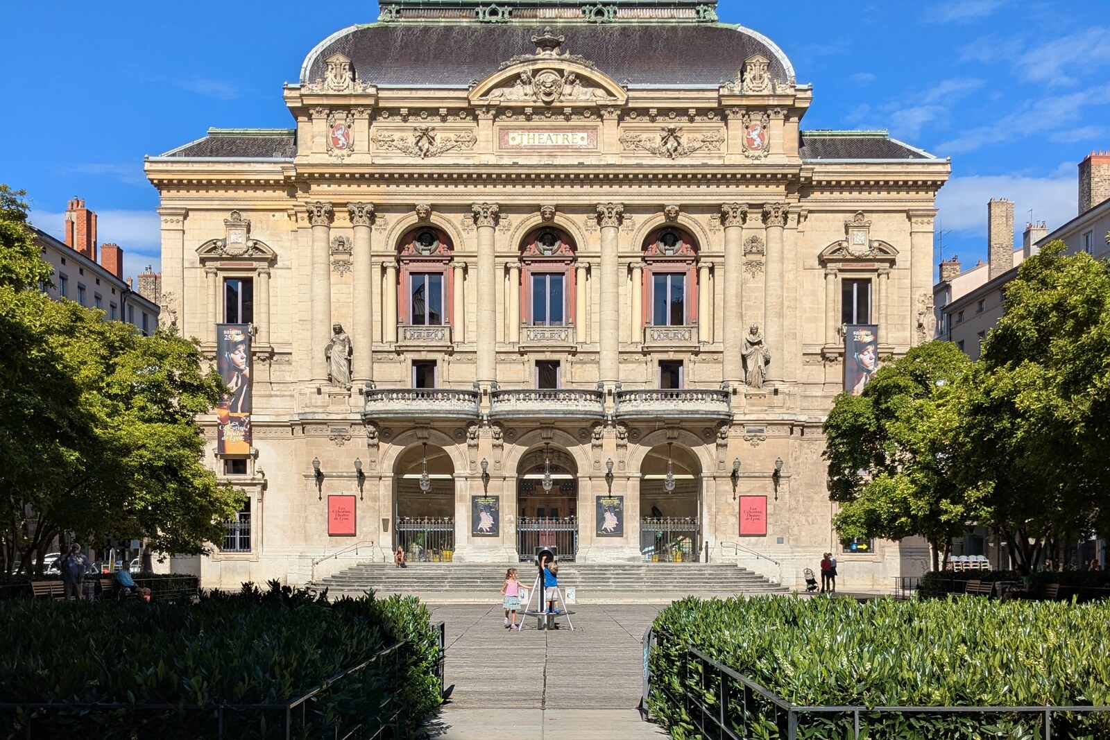 Facade of the Théâtre des Célestins on a square in Lyon