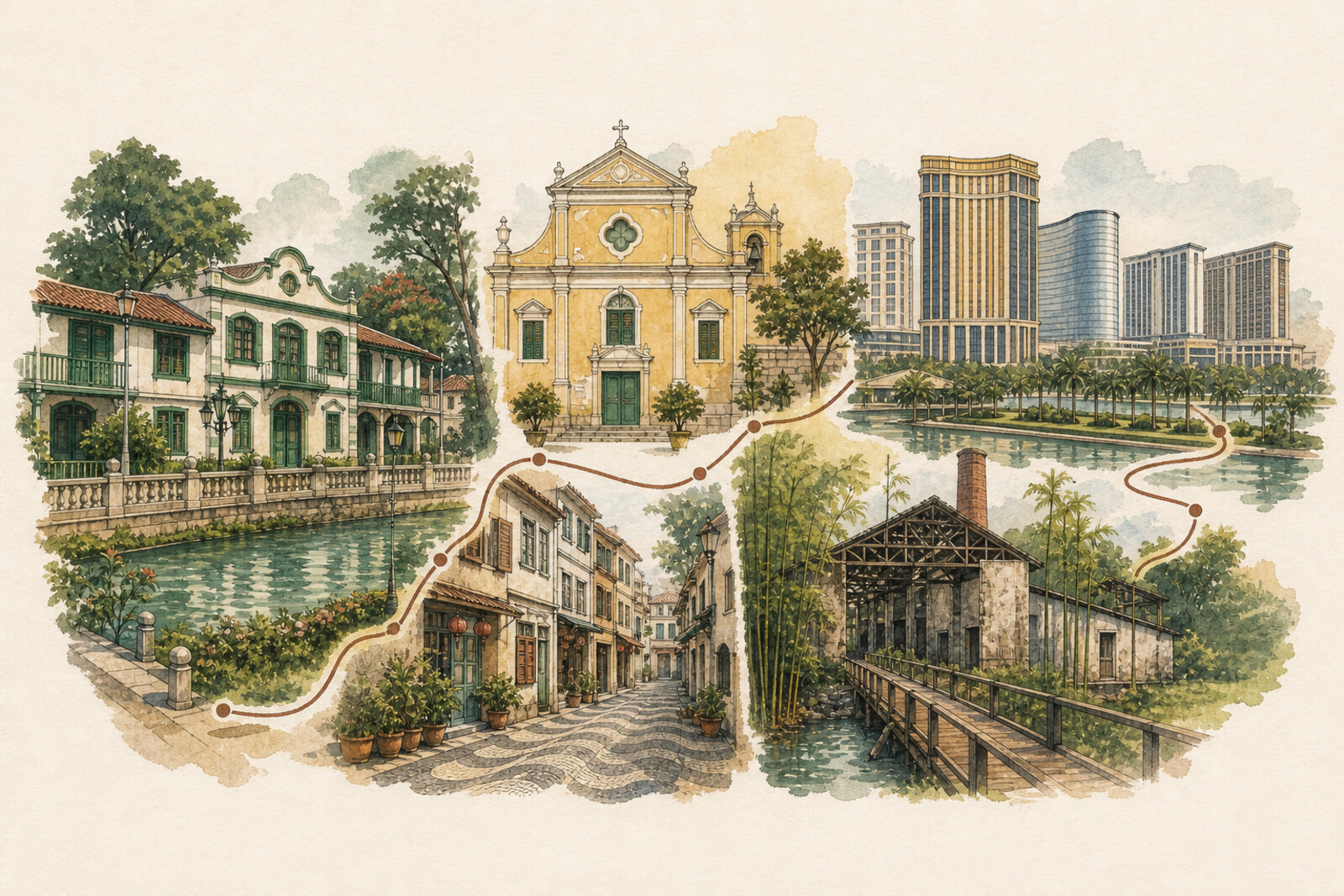 A panorama of Taipa and Cotai: old waterfront houses and modern skyscrapers on reclaimed land against a sunset