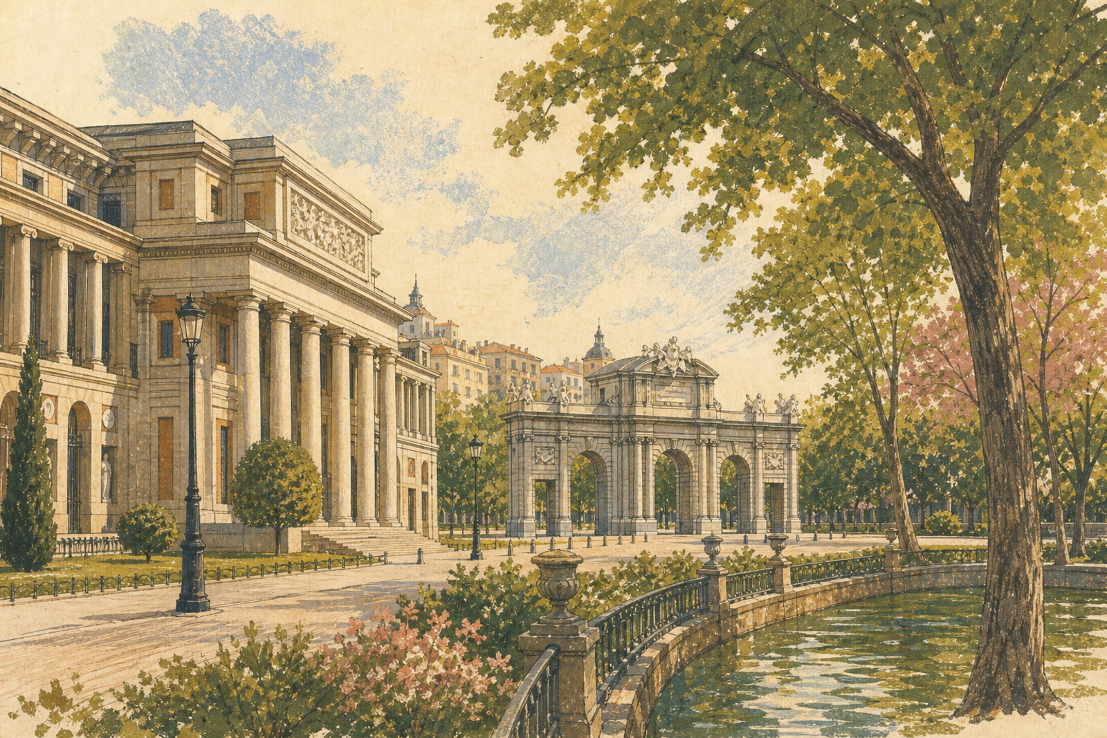 Illustration of the Landscape of Light in Madrid: Prado Museum, Puerta de Alcalá, and the avenues of El Retiro Park