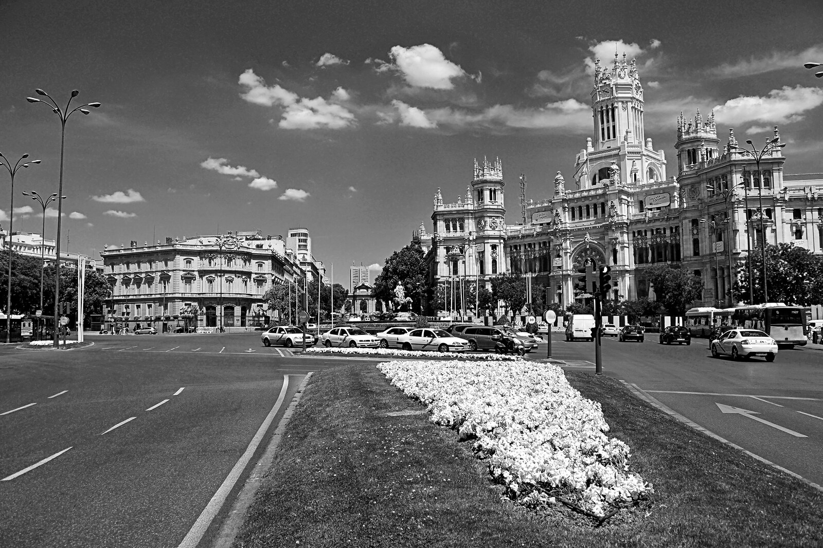 Cibeles Fountain in Plaza de Cibeles with the Palace of Communications in the background