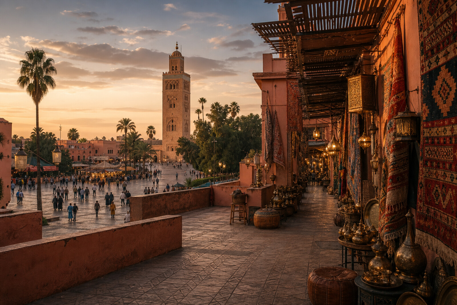 Editorial route cover about Koutoubia Mosque, Jemaa el-Fnaa, and the souks of Marrakech.