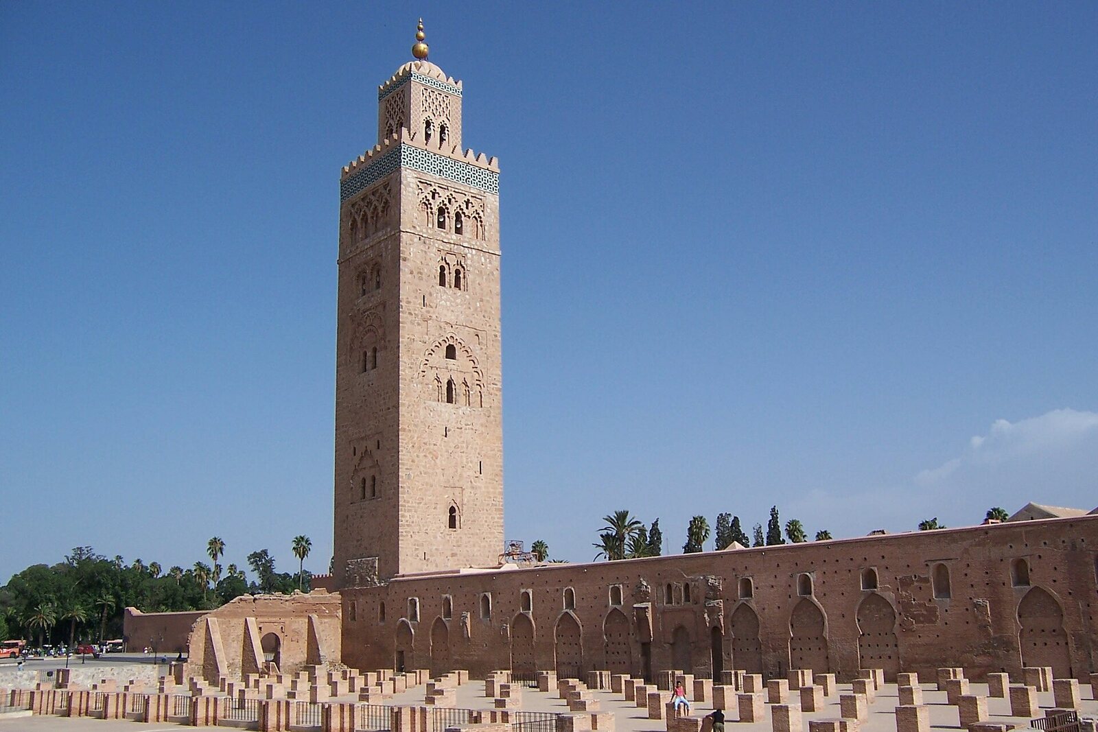 Koutoubia Minaret above the low brick traces of the mosque’s early layout.