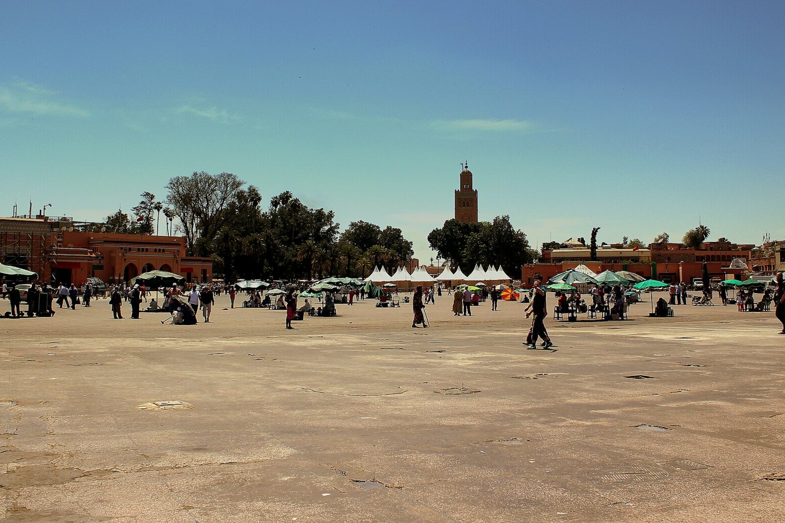 Jemaa el-Fnaa by day, with the square's open surface.