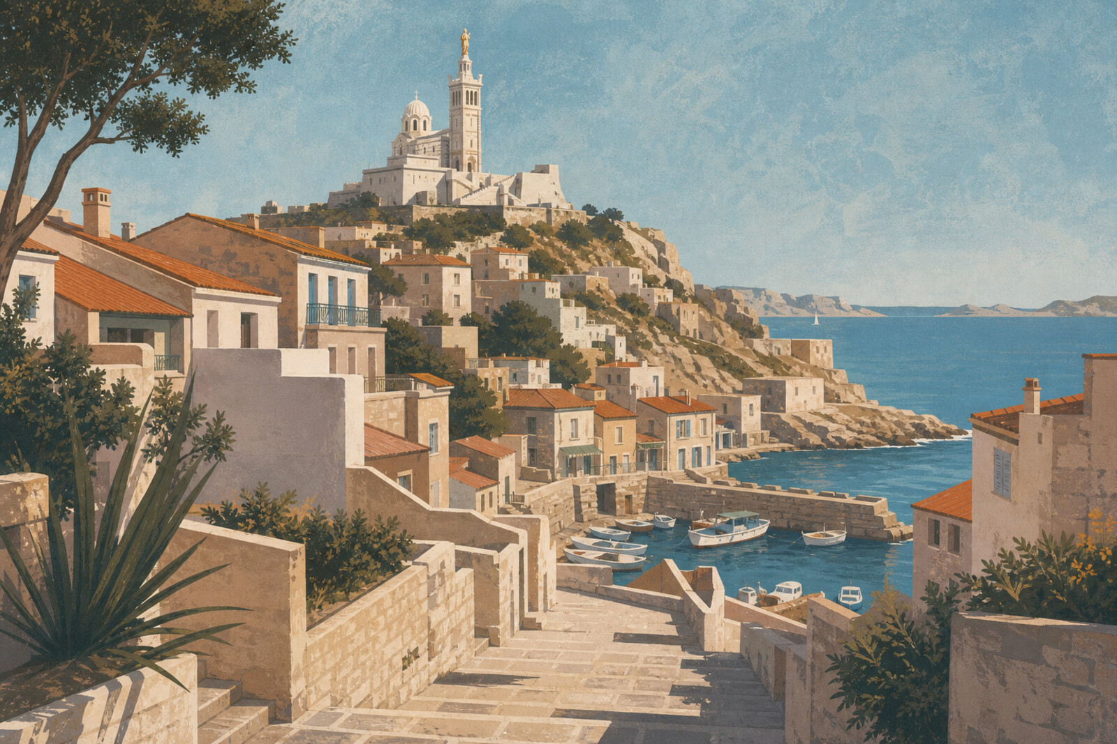 The silhouette of Notre-Dame de la Garde Basilica atop a hill, with a cascade of houses and stairways below leading to a small fishing harbor by the sea.