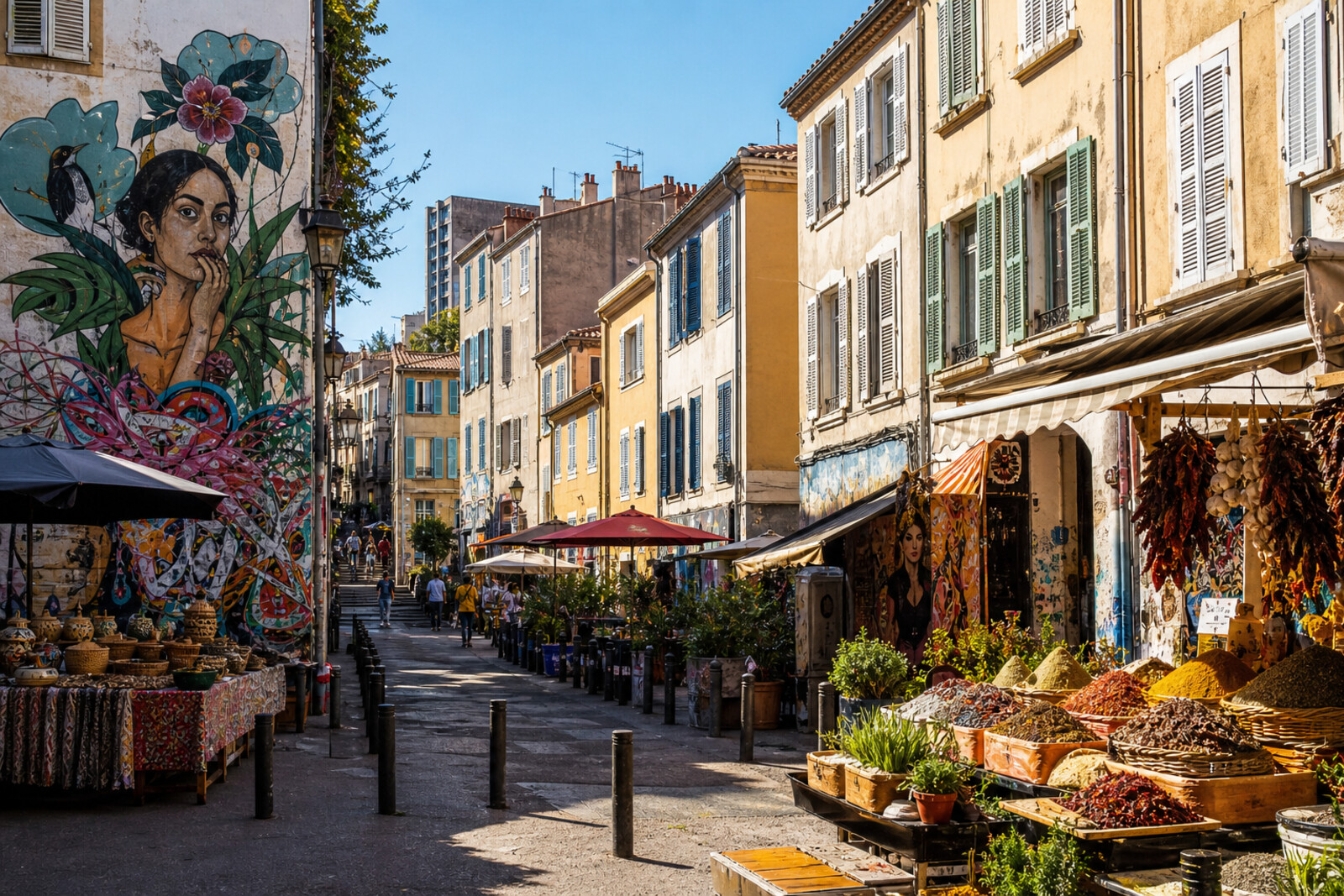 A colorful Marseille streetscape with graffiti, a market, and historic façades