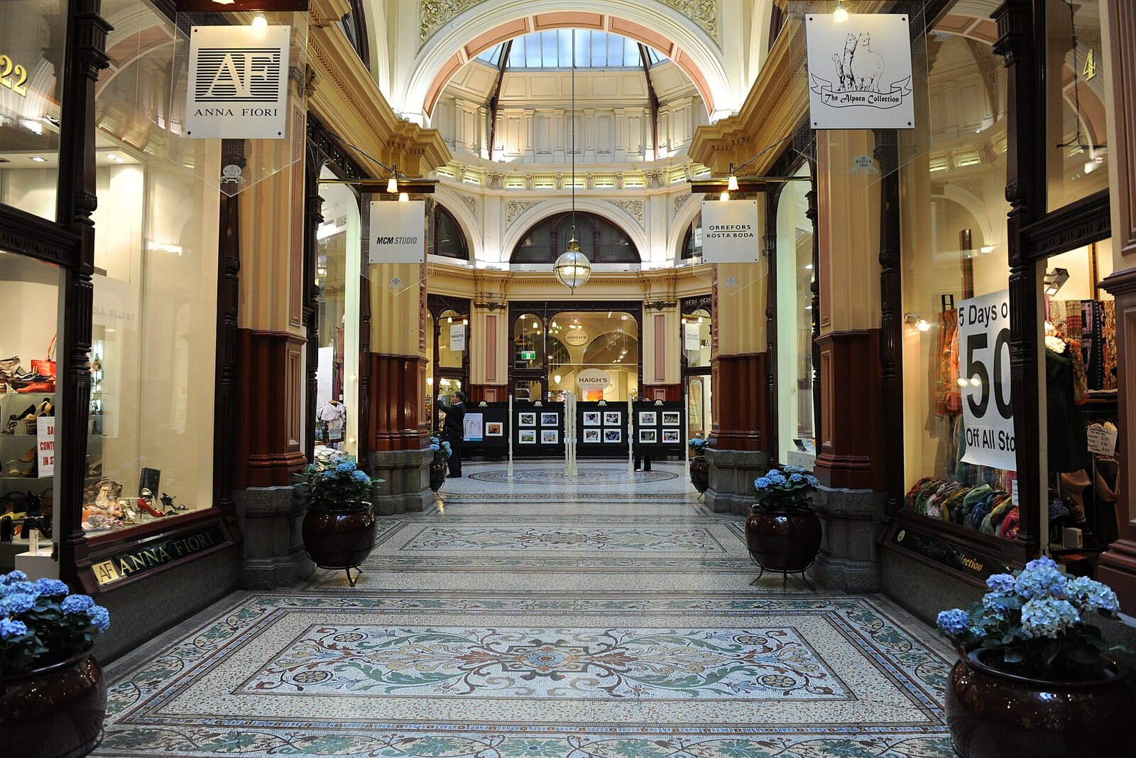 Interior of The Block Arcade: glass roof, ornamentation, and central passage.
