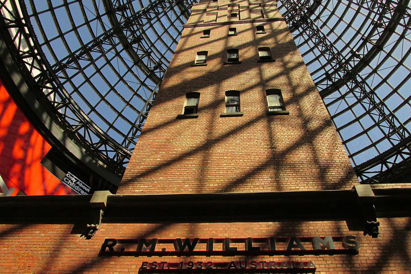 Upward view of Coop's Shot Tower inside Melbourne Central.