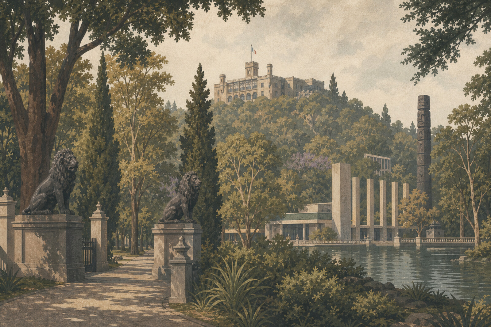 Illustration of Chapultepec hill with the castle, lake, and a hint of lions at the entrance.