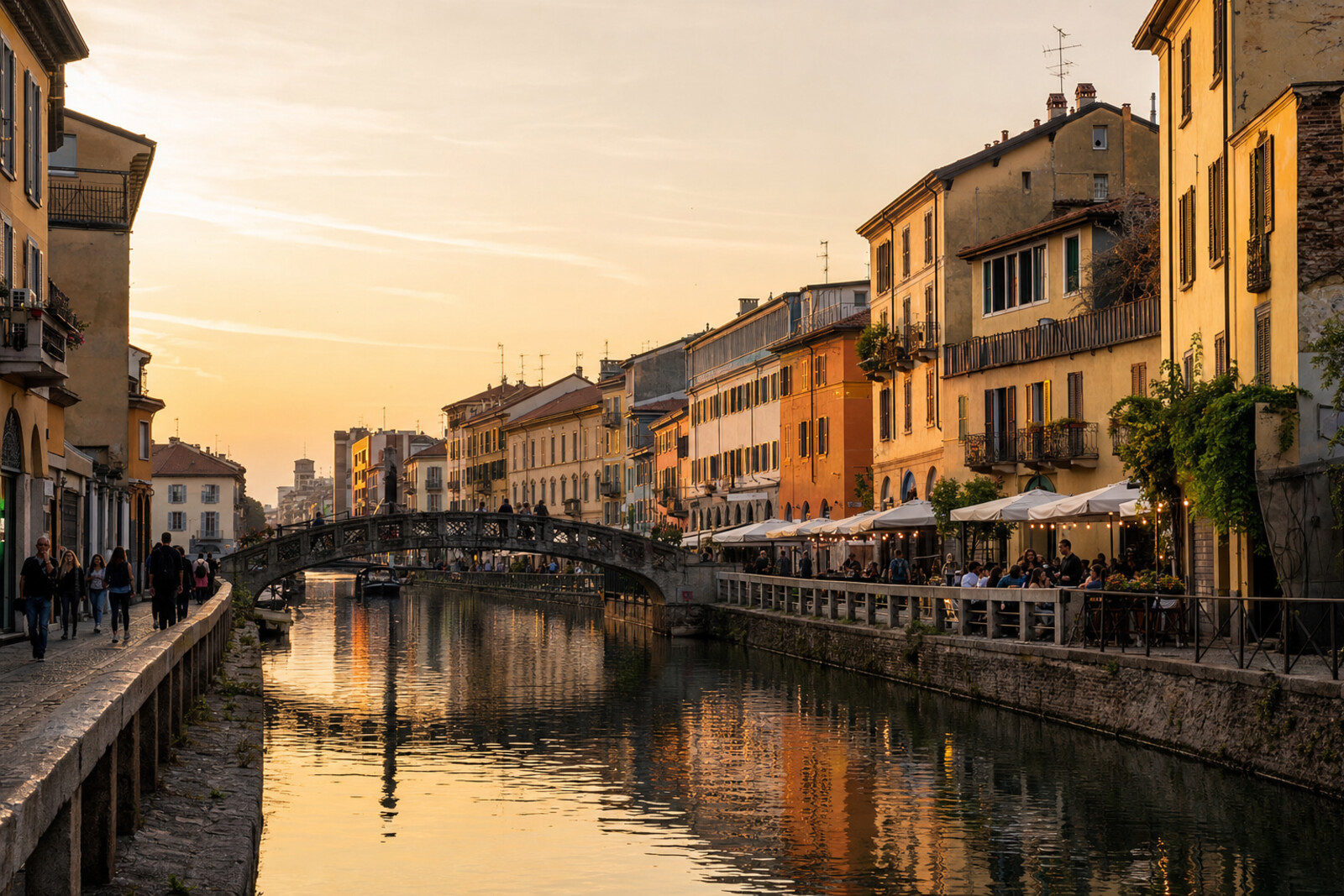 Generated editorial cover for the “milan-navigli-water-evening” route