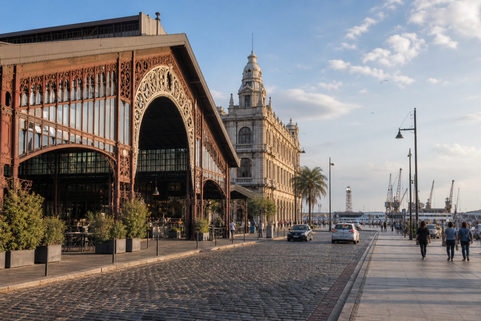 Generated editorial route cover: Montevideo’s port edge and market.