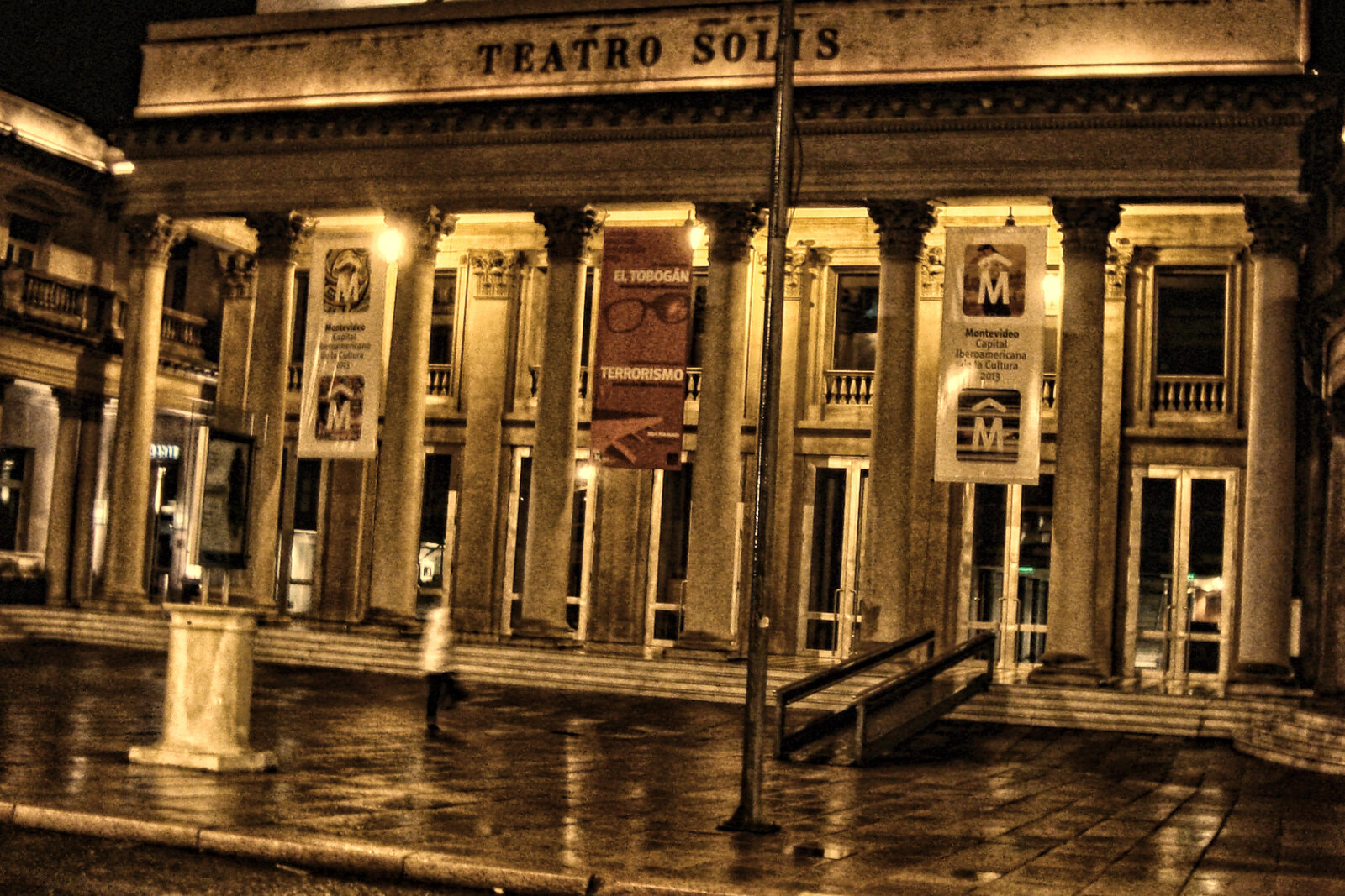 The façade of Solís Theatre with columns in Old Montevideo.