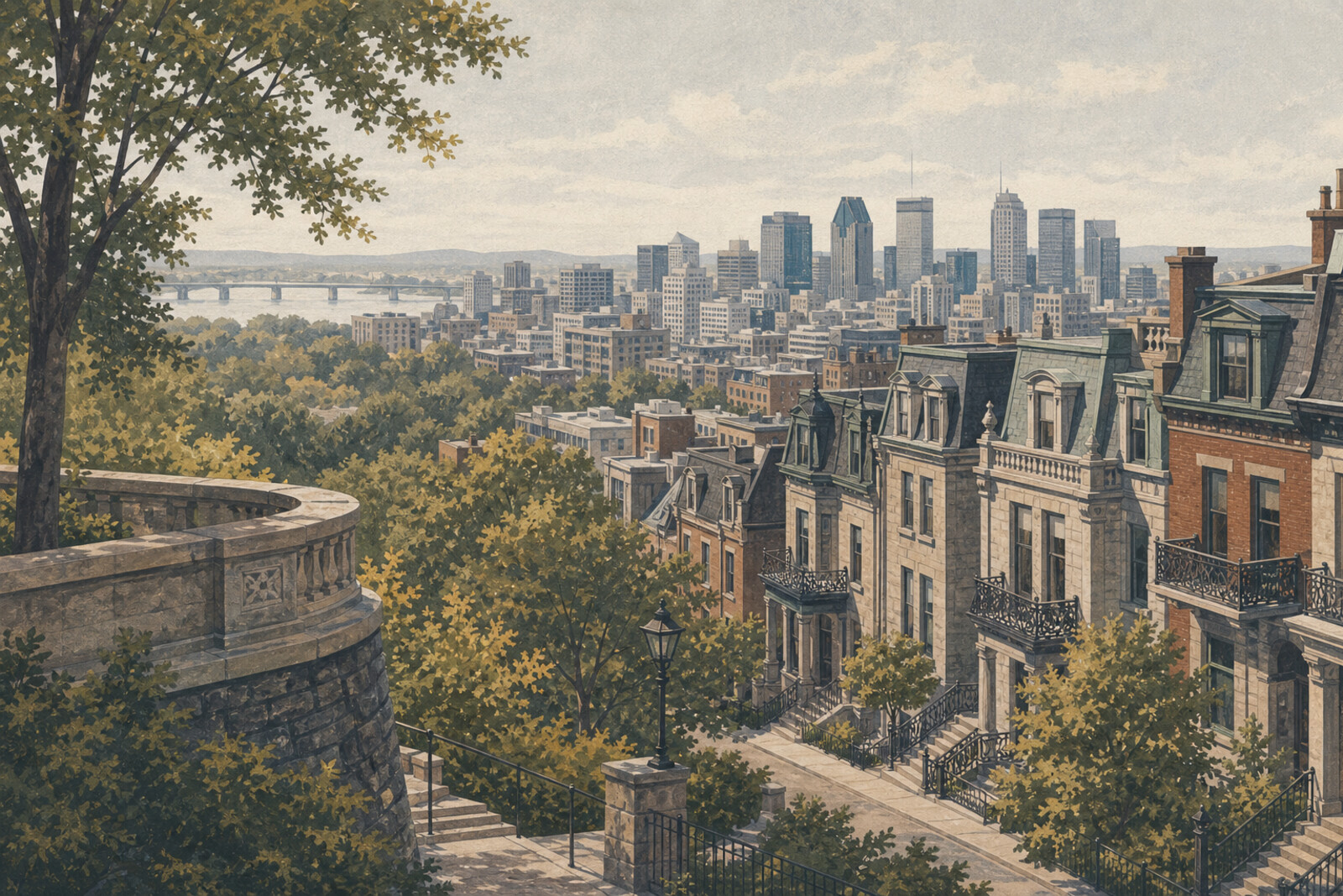 A panoramic view of Montreal from a mountain lookout, framed by trees.