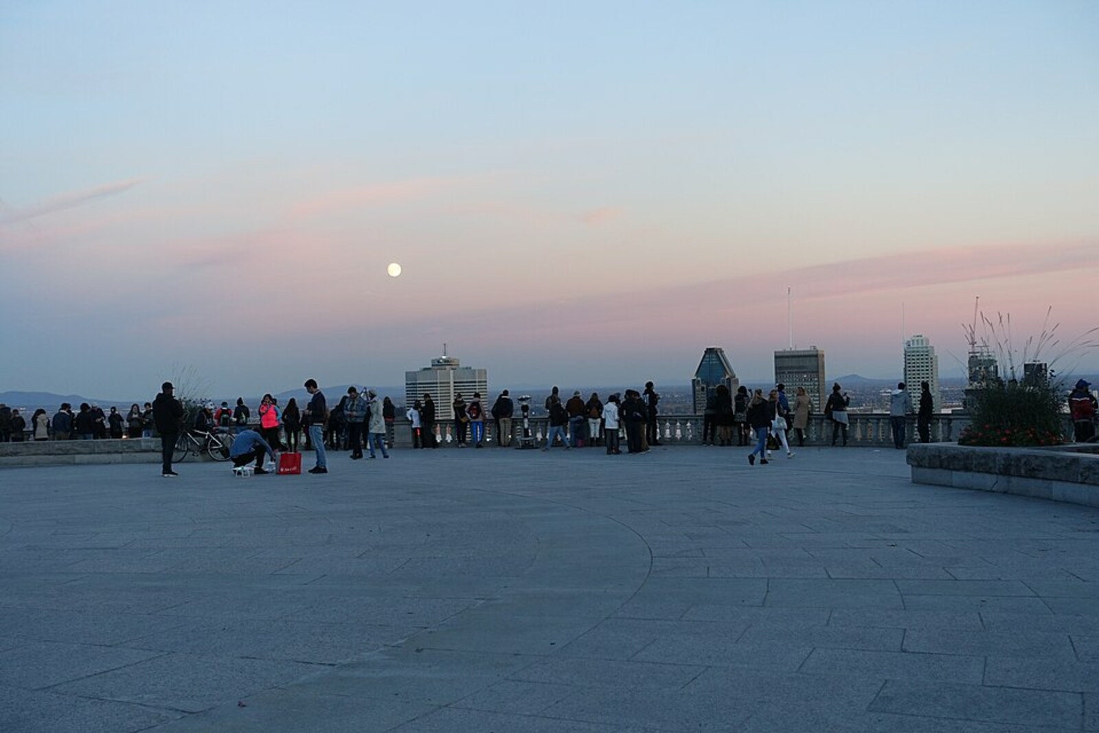 Panoramic view of Montreal from Kondiaronk Belvedere, with trees and skyscrapers visible.