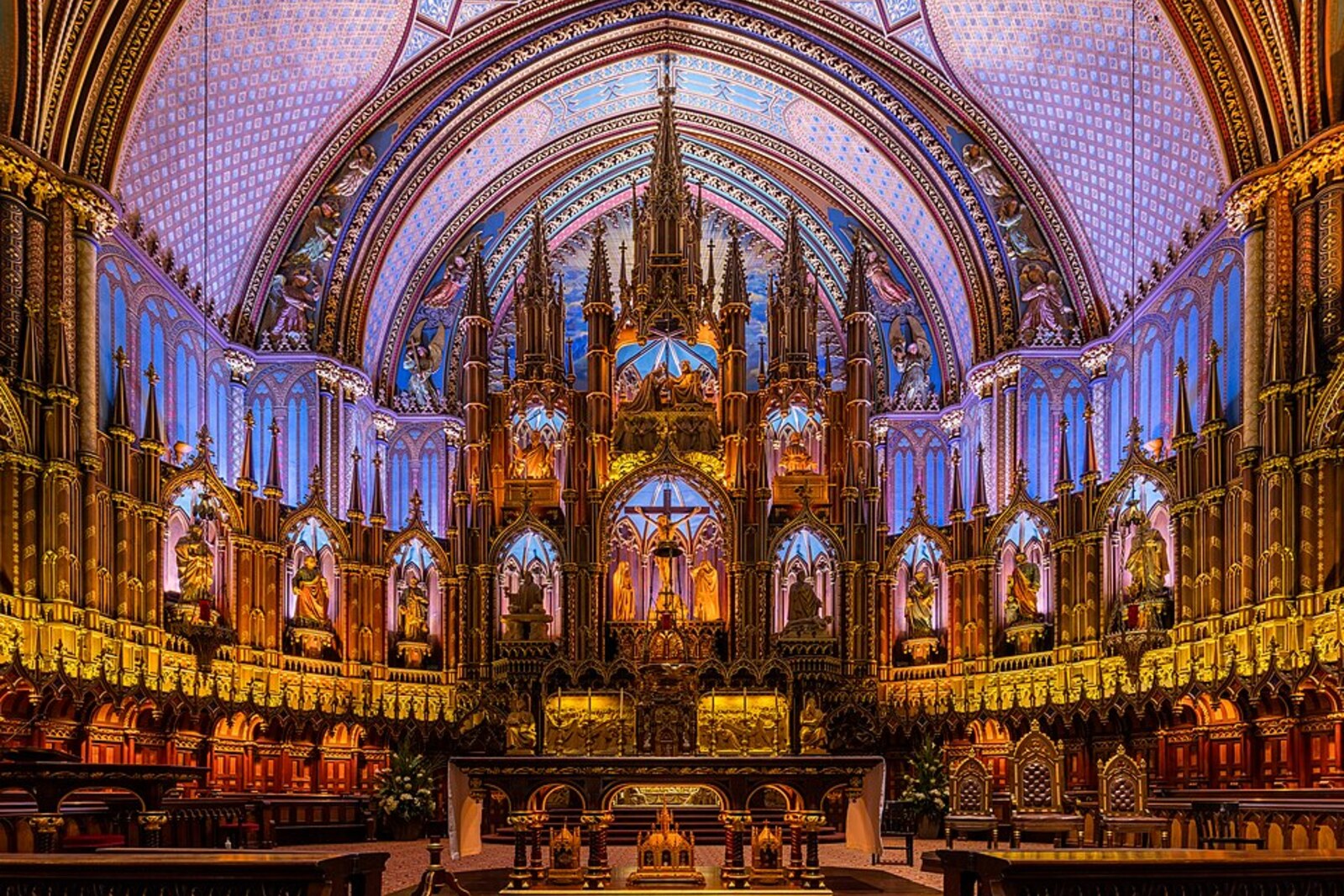 Notre-Dame Basilica of Montreal viewed from Place d'Armes