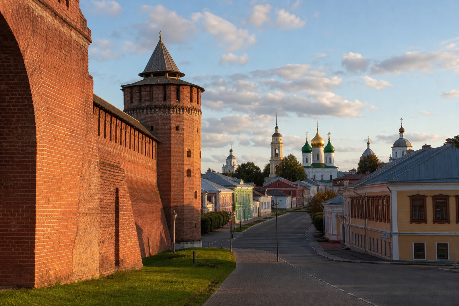Generated editorial route cover: the red-brick wall of Kolomna Kremlin and a street in the posad.