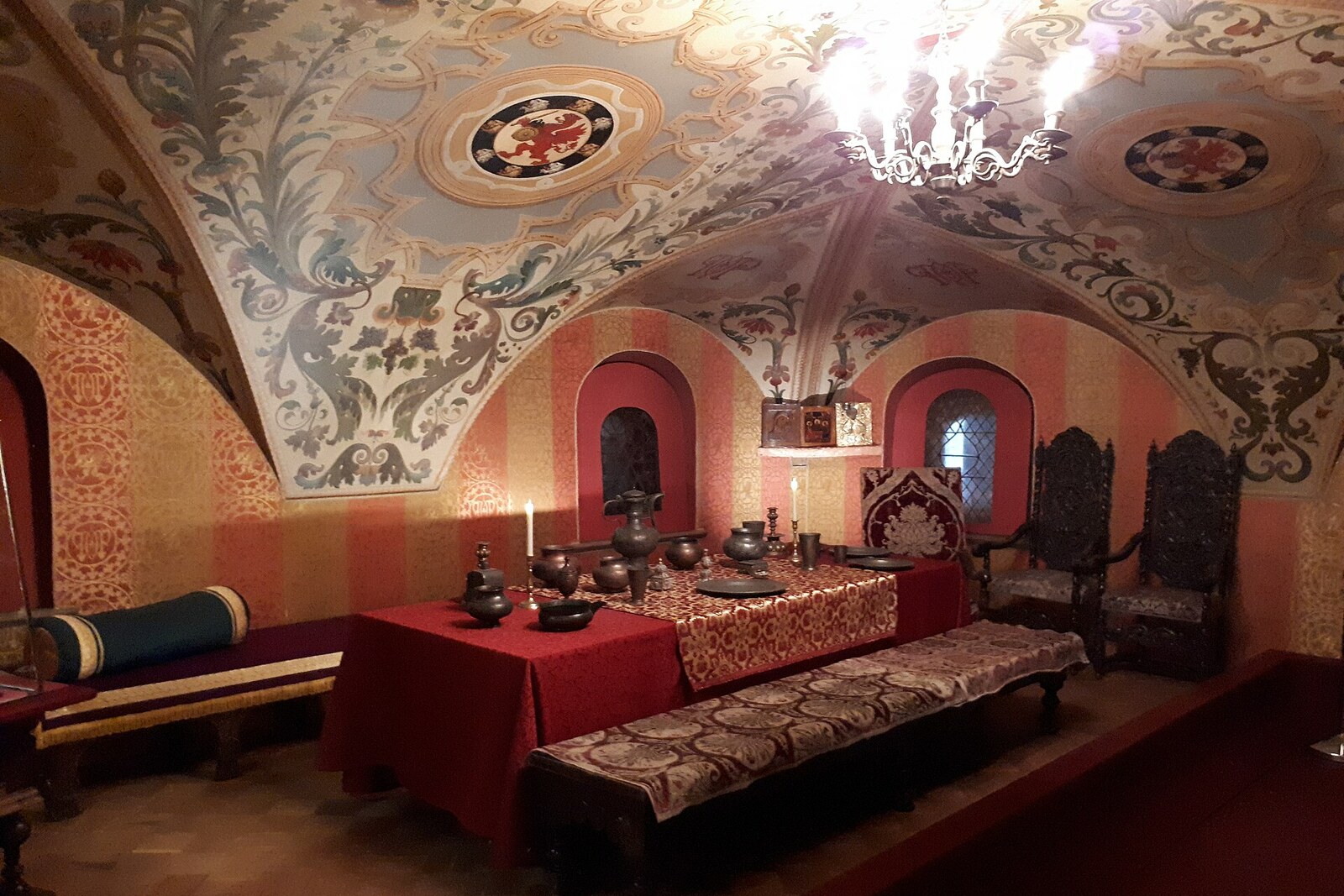 Reconstructed interior of the Chambers of the Romanov Boyars with a painted vault