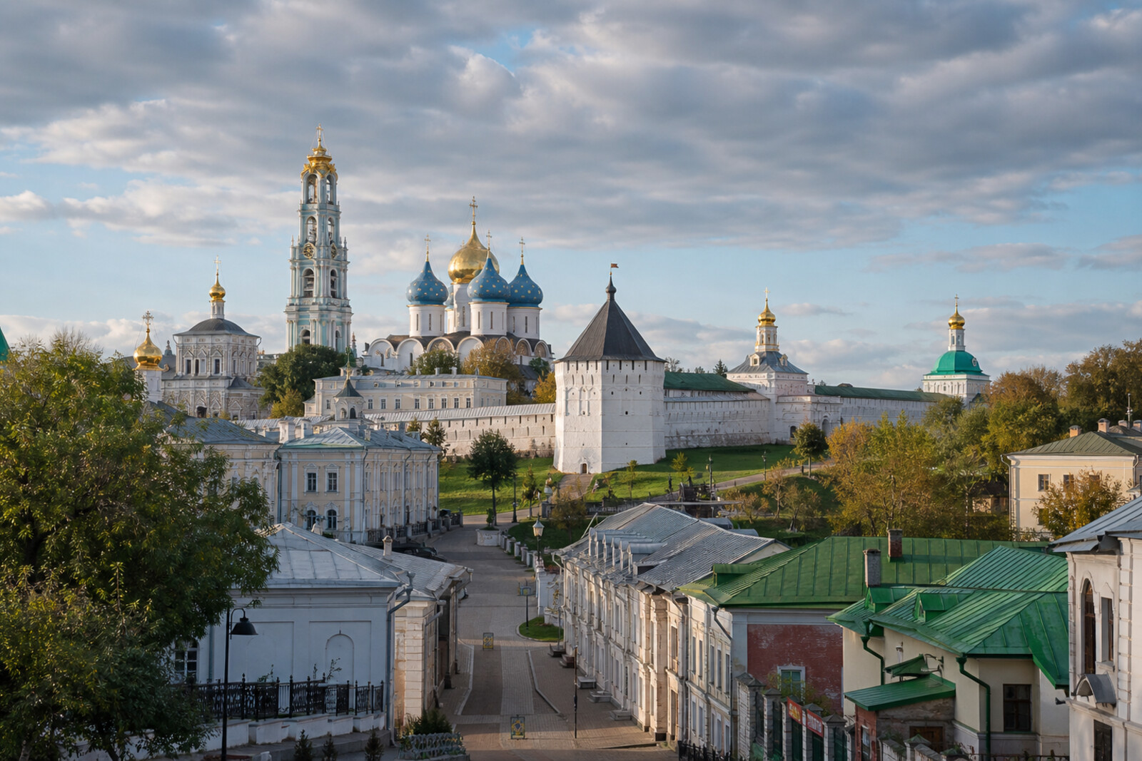 Illustrative panorama of the Trinity Lavra of St. Sergius, its fortress wall, and the town approach.