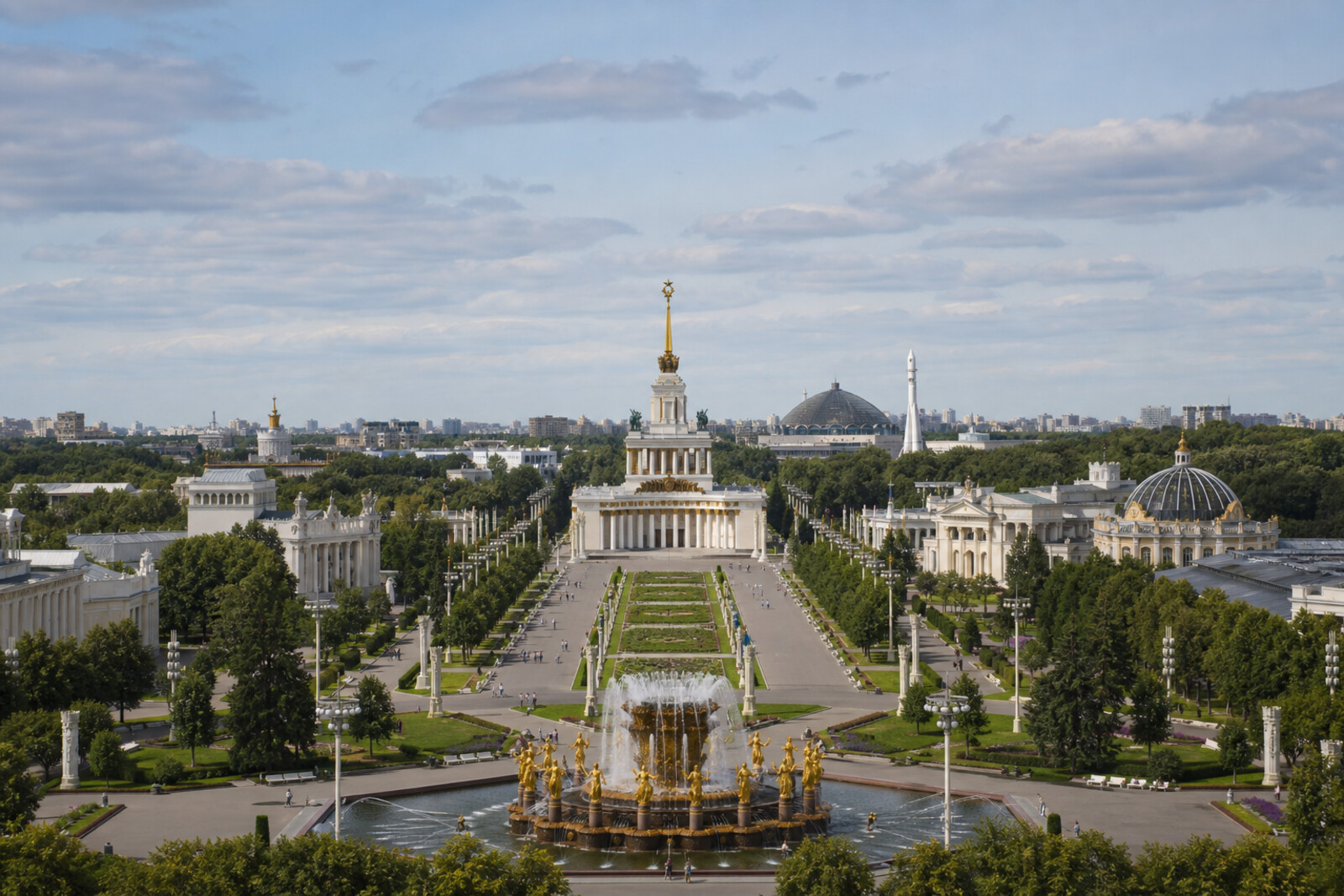 Generated editorial route cover showing the central axis of VDNKh, its pavilions and fountains, Cosmos Pavilion, and the Vostok Launch Vehicle Model.