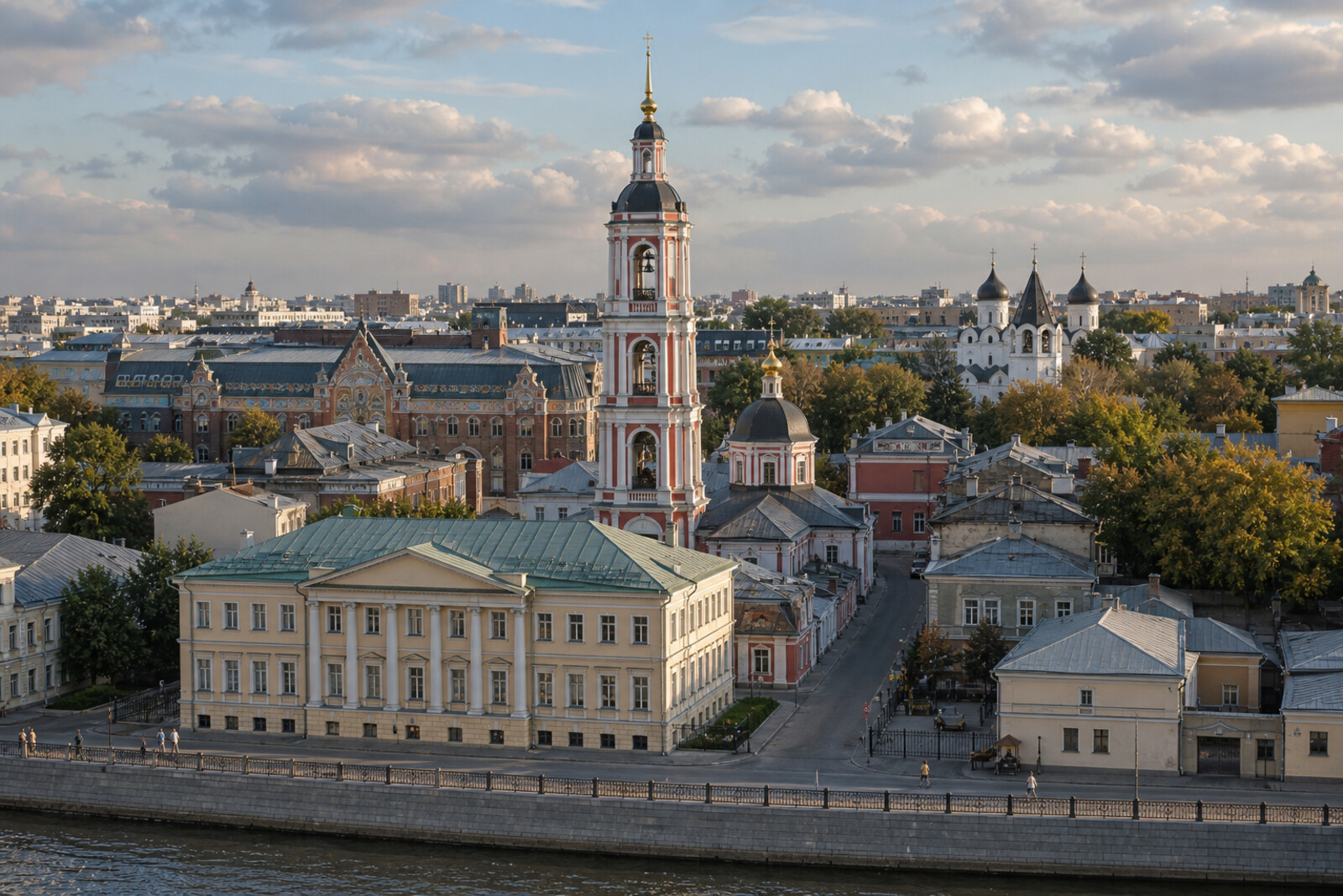 Generated editorial route cover: Zamoskvorechye across the river, a merchant embankment, Kadashi, Tretyakov Gallery, and Marfo-Mariinsky Convent.