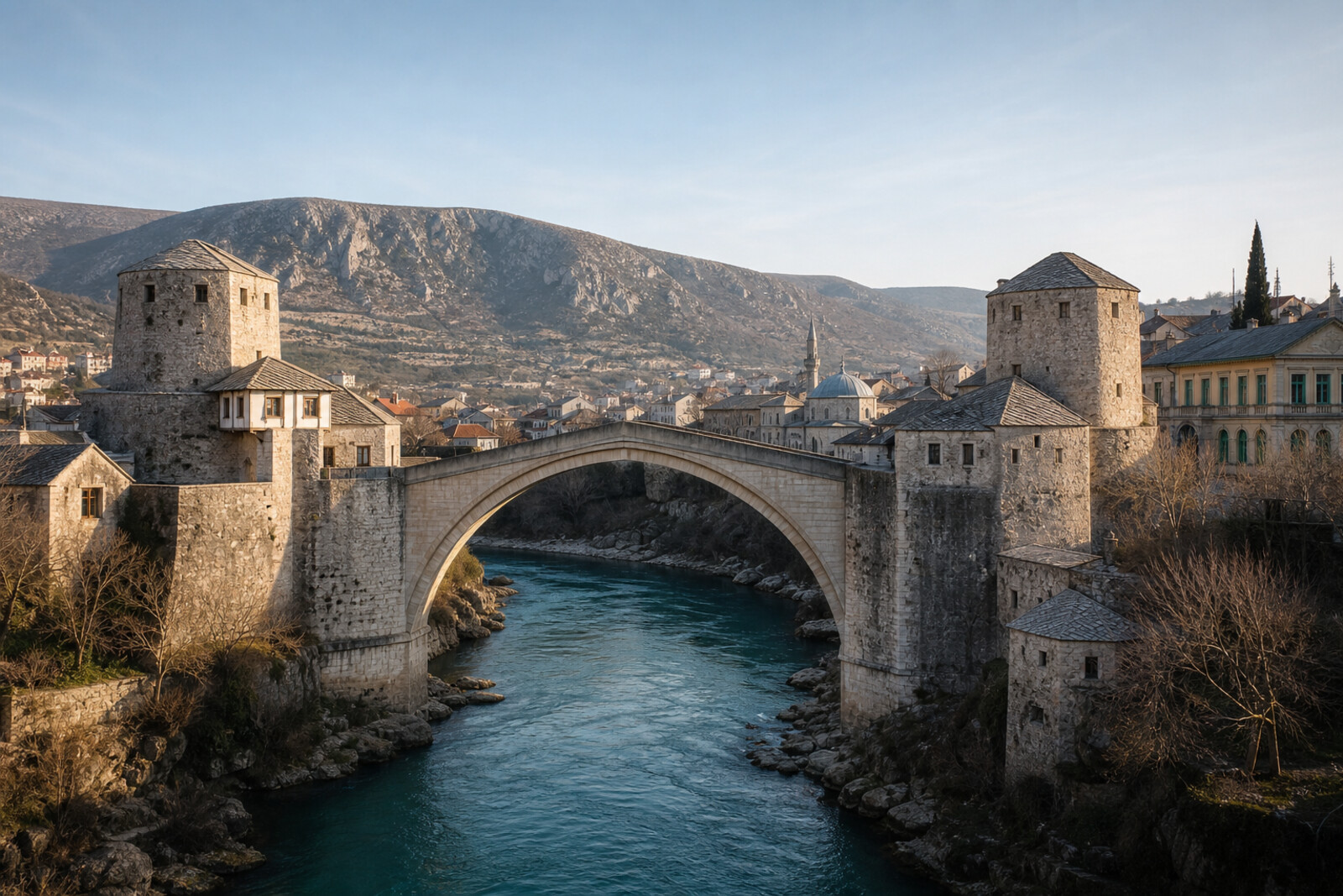 Generated editorial route cover: the Old Bridge over the Neretva, towers, and two urban layers of Mostar.