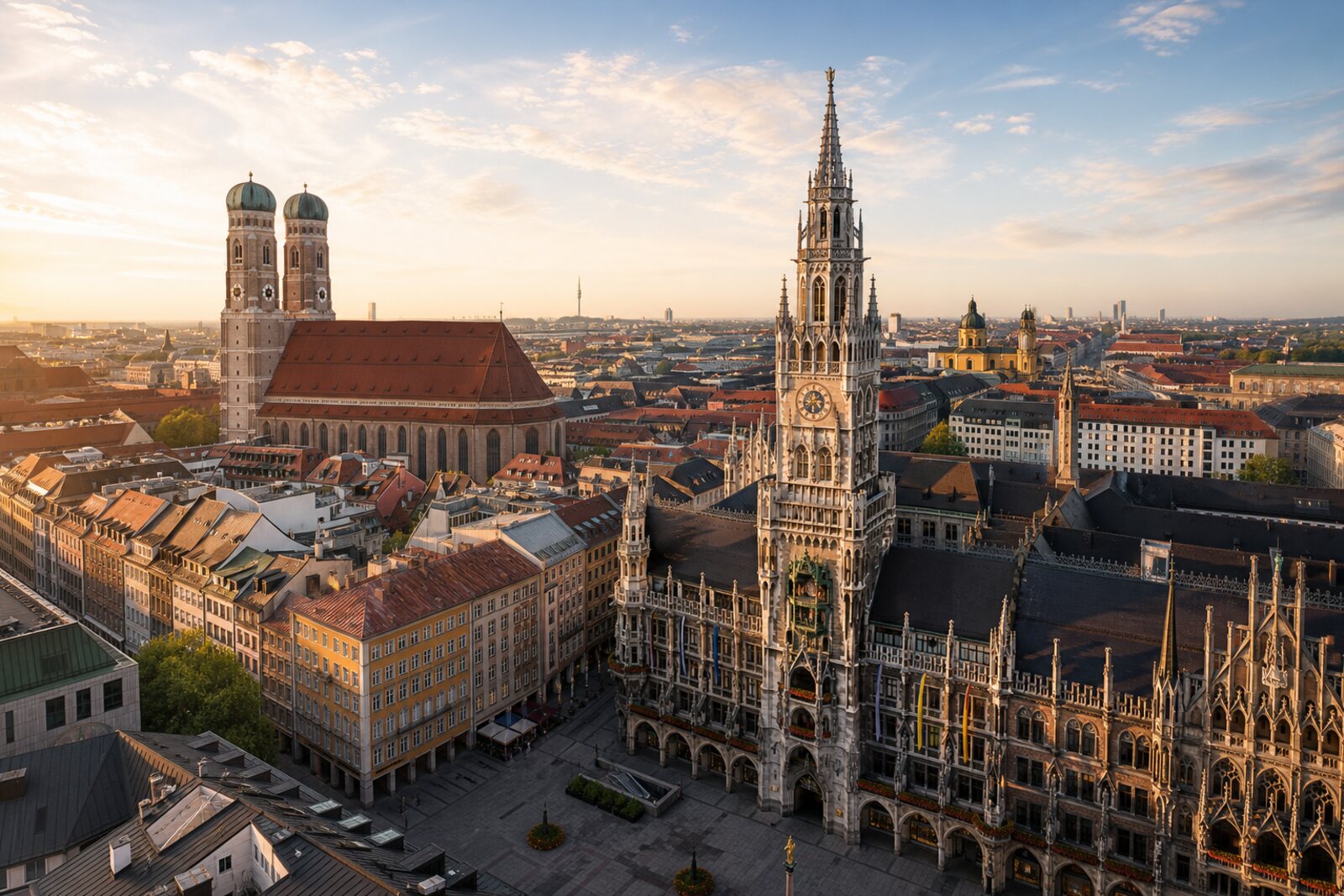 Generated editorial cover for “Old Munich”: Marienplatz (formerly Schrannenplatz), New Town Hall, and the towers of Frauenkirche in the morning light.