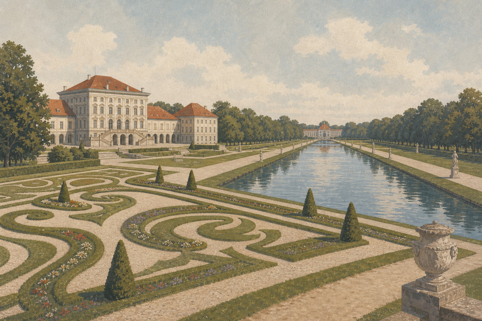 Aerial view of Nymphenburg Palace and its canal, surrounded by green parkland and reflective water.