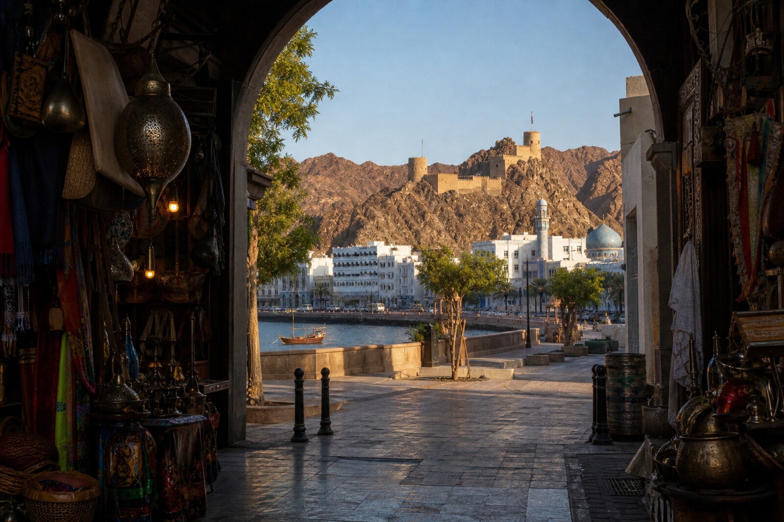Generated editorial route cover: Mutrah Fort above the harbor arc, white facades, and the dark entrance to the souq.