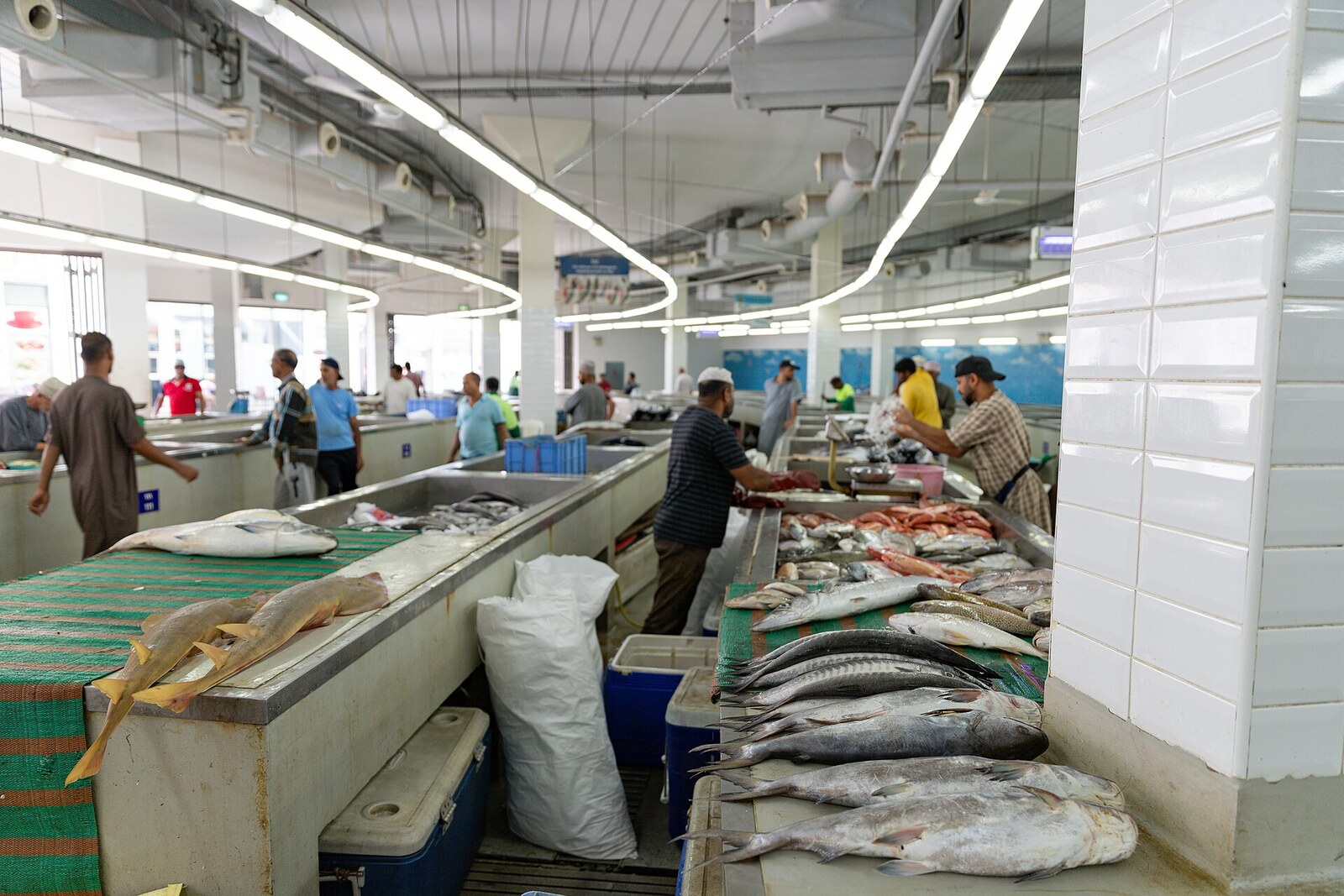 Mutrah Fish Market with a modern building by the Corniche.