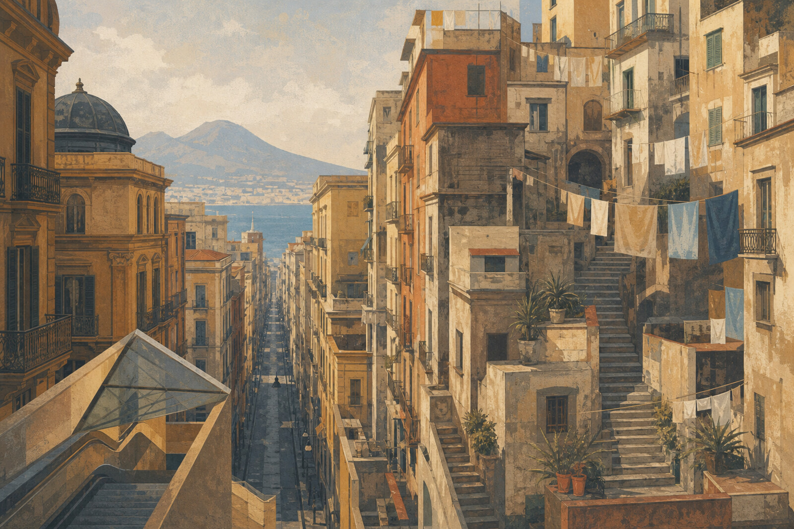 Illustration of a contrasting walk along Via Toledo and through the Spanish Quarter