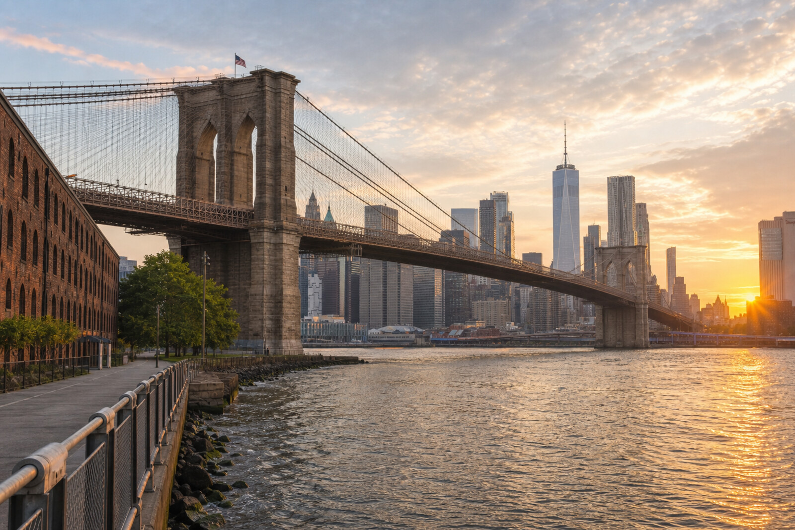 View of Brooklyn Bridge, the city, and the river at sunset